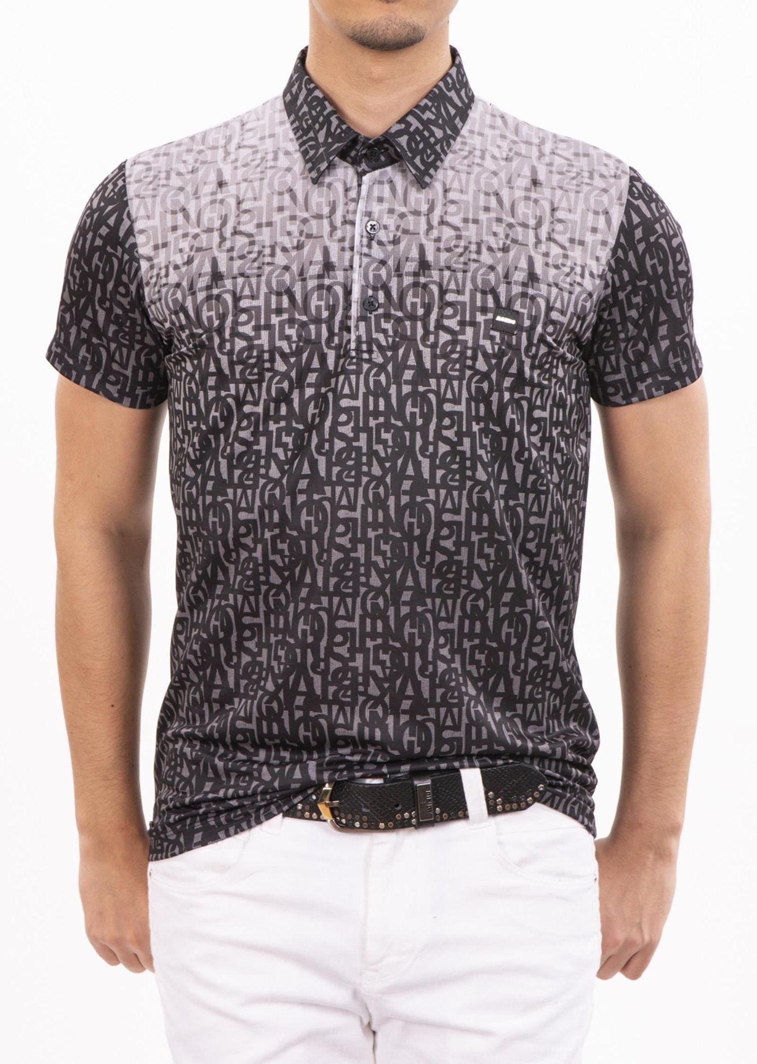 Siyah Renk Geçişli Harf Desenli Polo Yaka T-Shirt