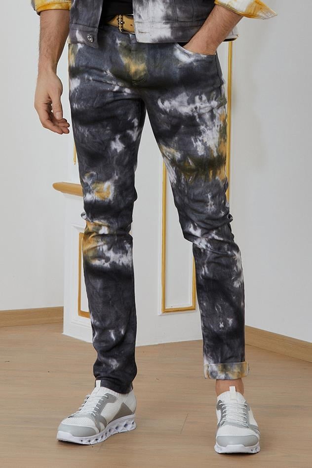 Siyah-Sarı Batik Desenli Jean Pantolon