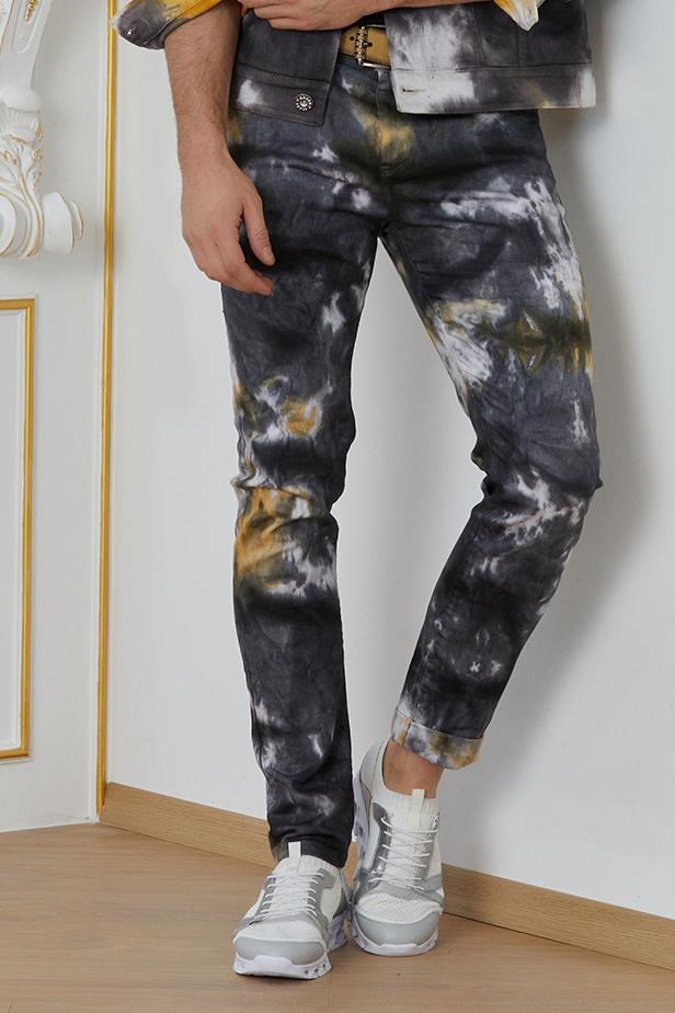 Siyah-Sarı Batik Desenli Jean Pantolon