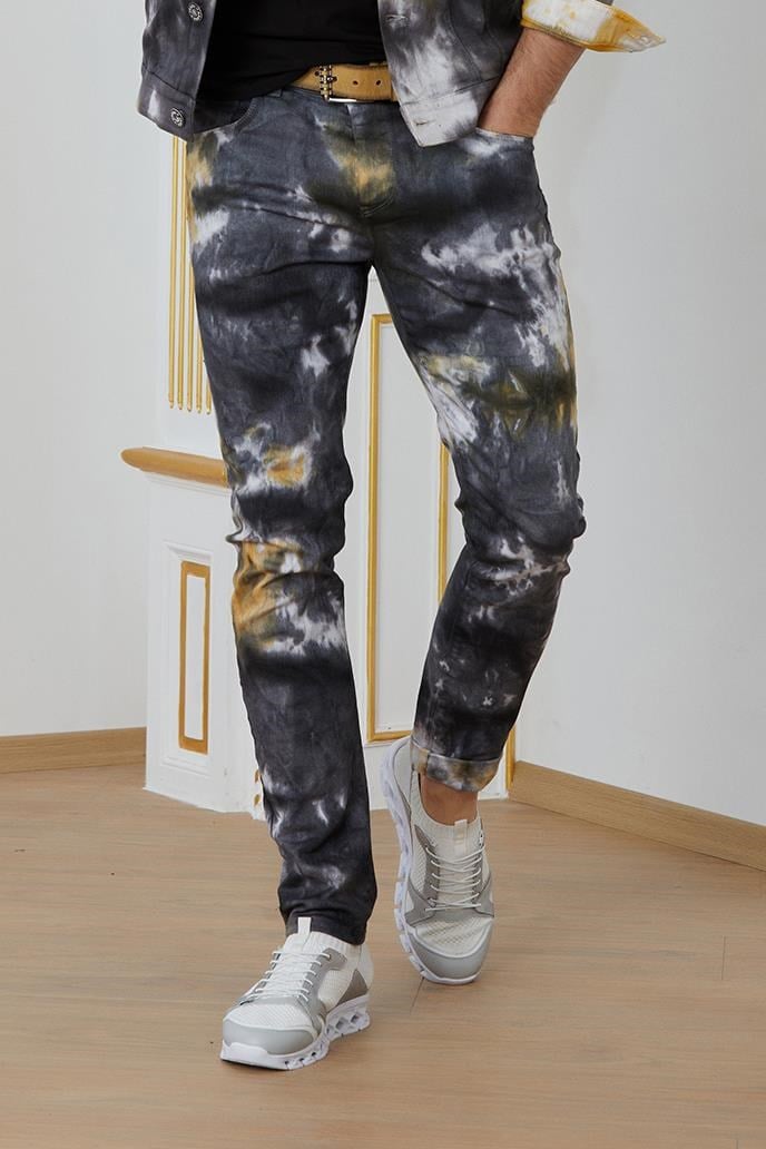 Siyah-Sarı Batik Desenli Jean Pantolon