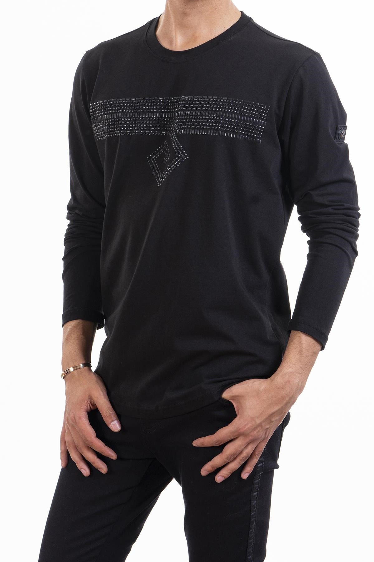 Siyah Taşlı Bisiklet Yaka Sweatshirt