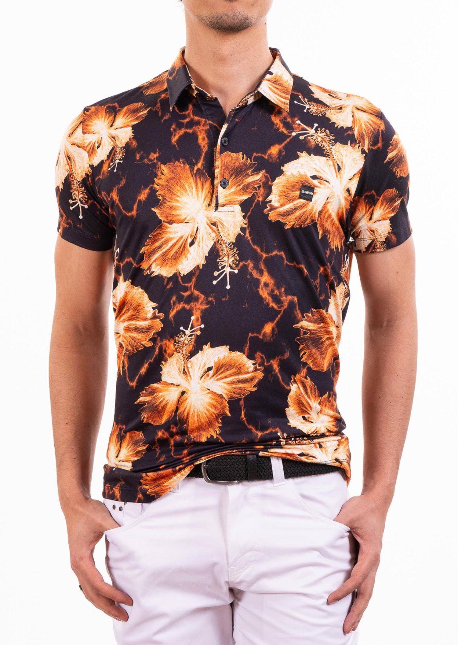 Siyah Turuncu Çiçek Desenli Polo Yaka T-Shirt
