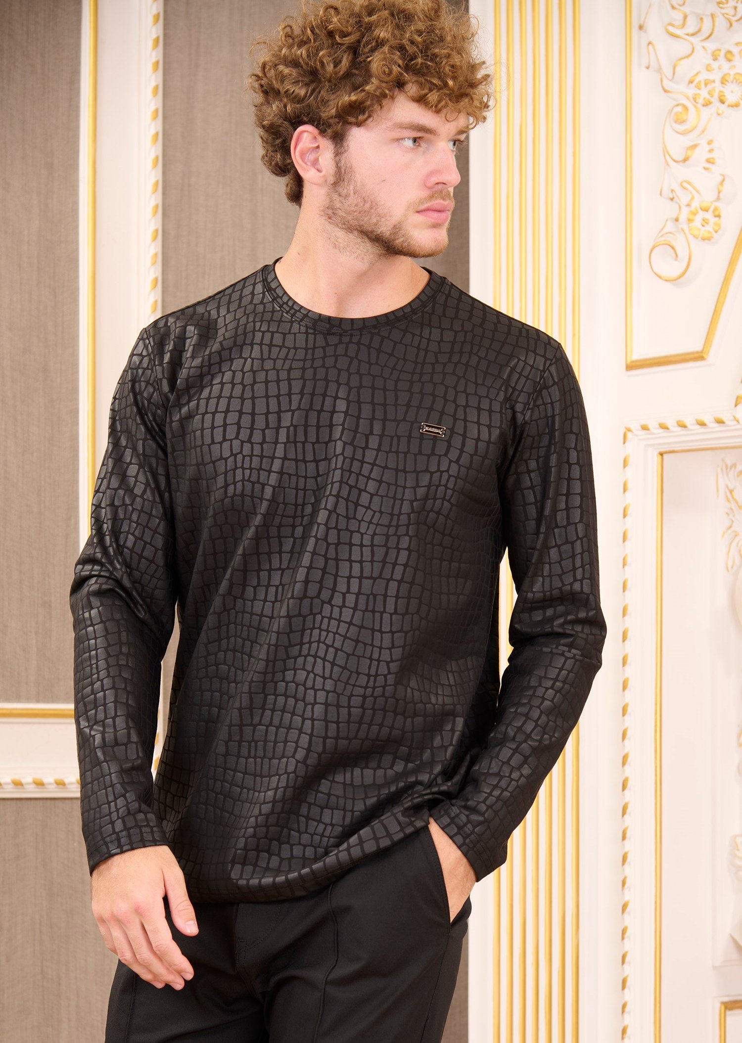 Siyah Yılan Desen Baskılı Pamuklu Sweatshirt