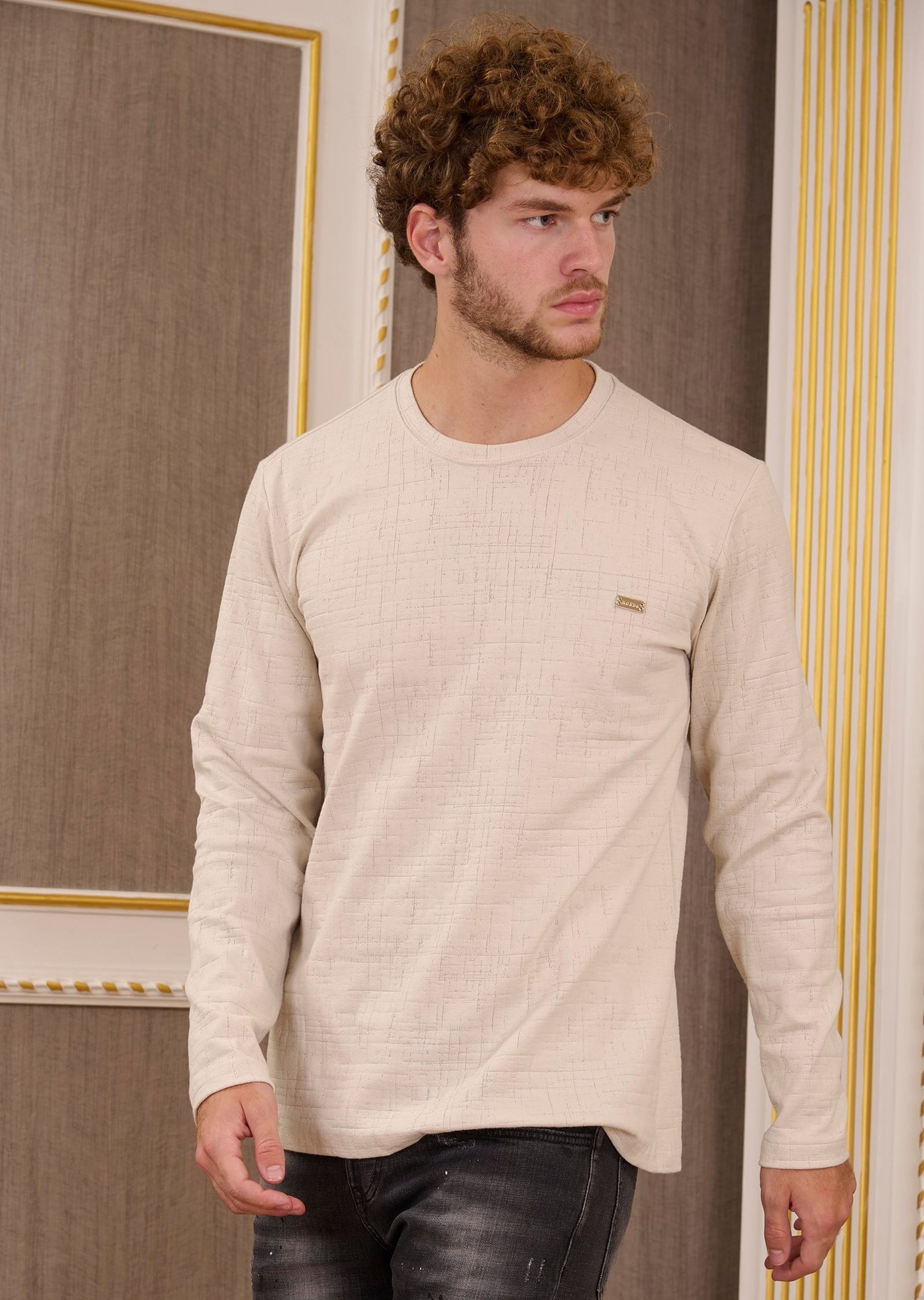 Taş Bisiklet Yaka Dokulu Pamuklu Jakarlı Sweatshirt