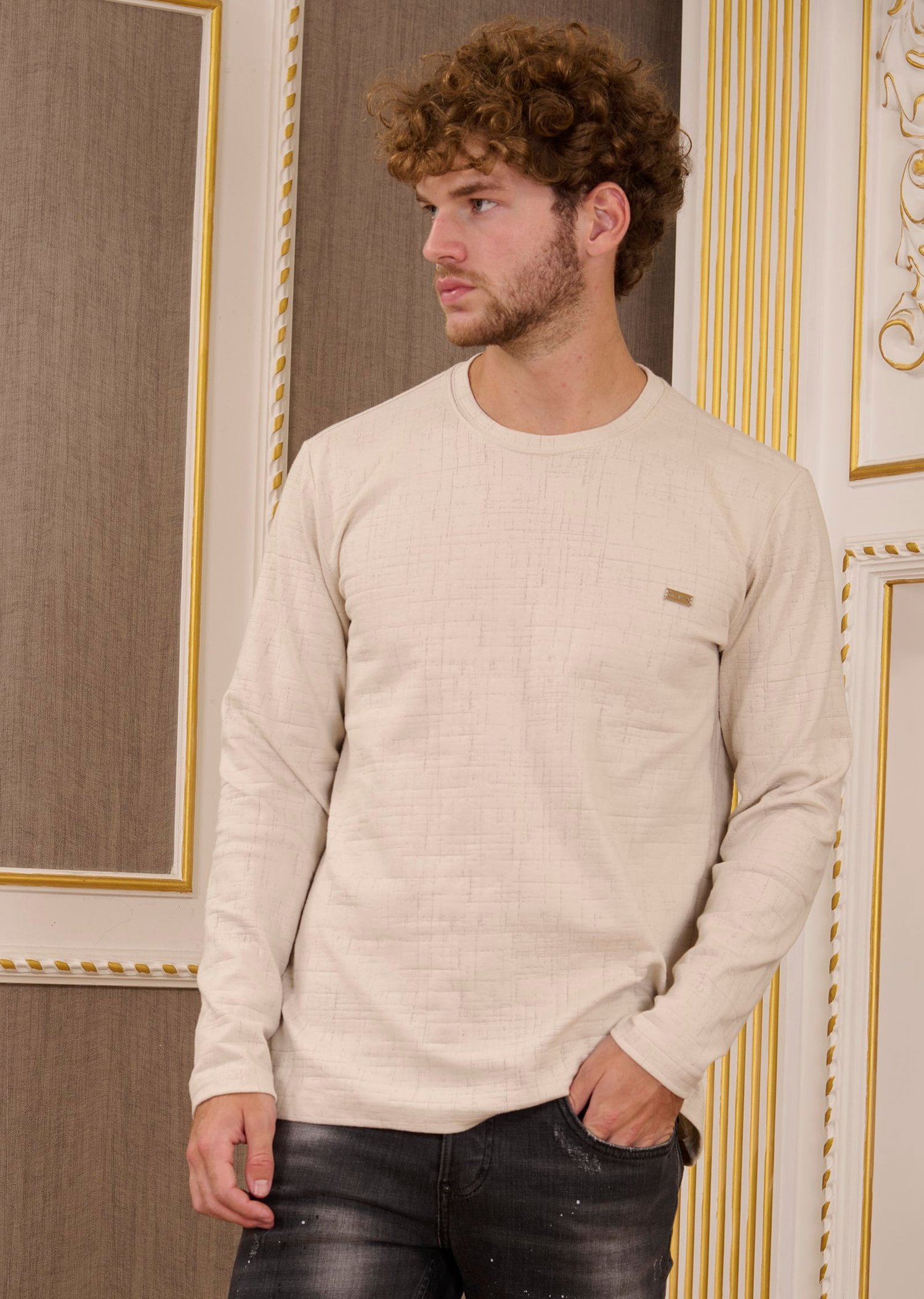Taş Bisiklet Yaka Dokulu Pamuklu Jakarlı Sweatshirt
