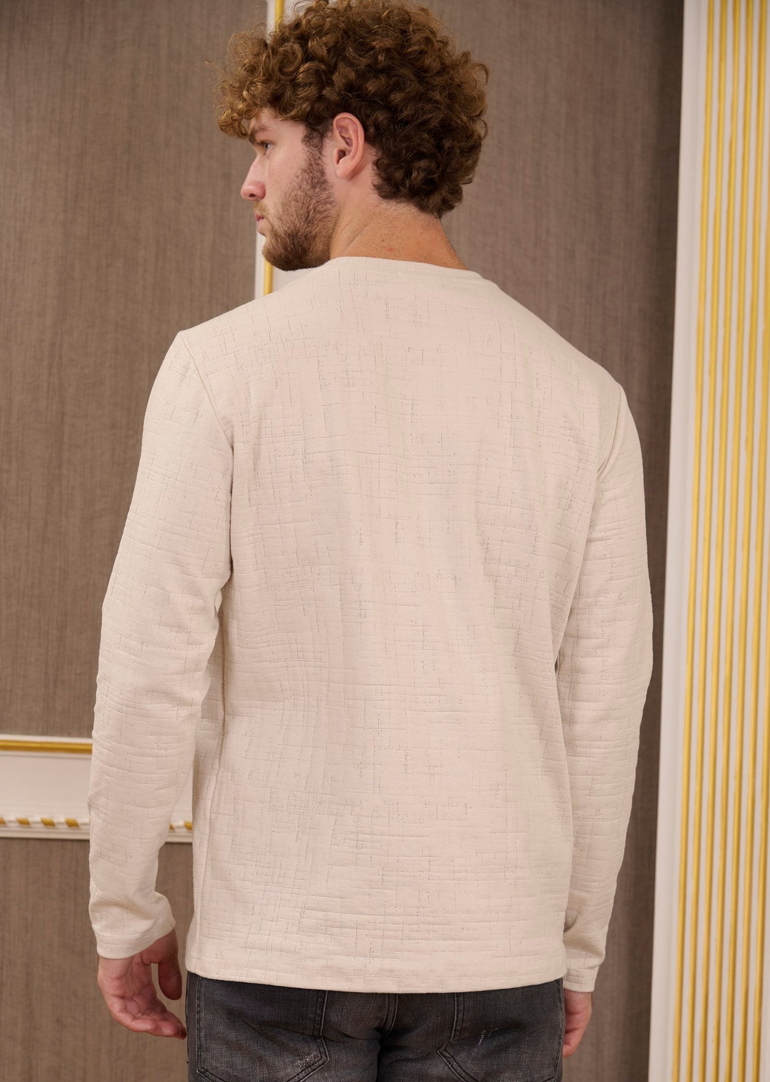 Taş Bisiklet Yaka Dokulu Pamuklu Jakarlı Sweatshirt