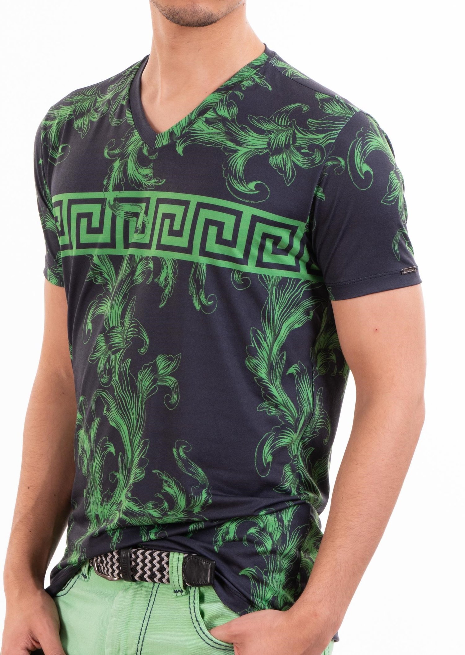 Yeşil Barok Su Desenli V Yaka T-Shirt