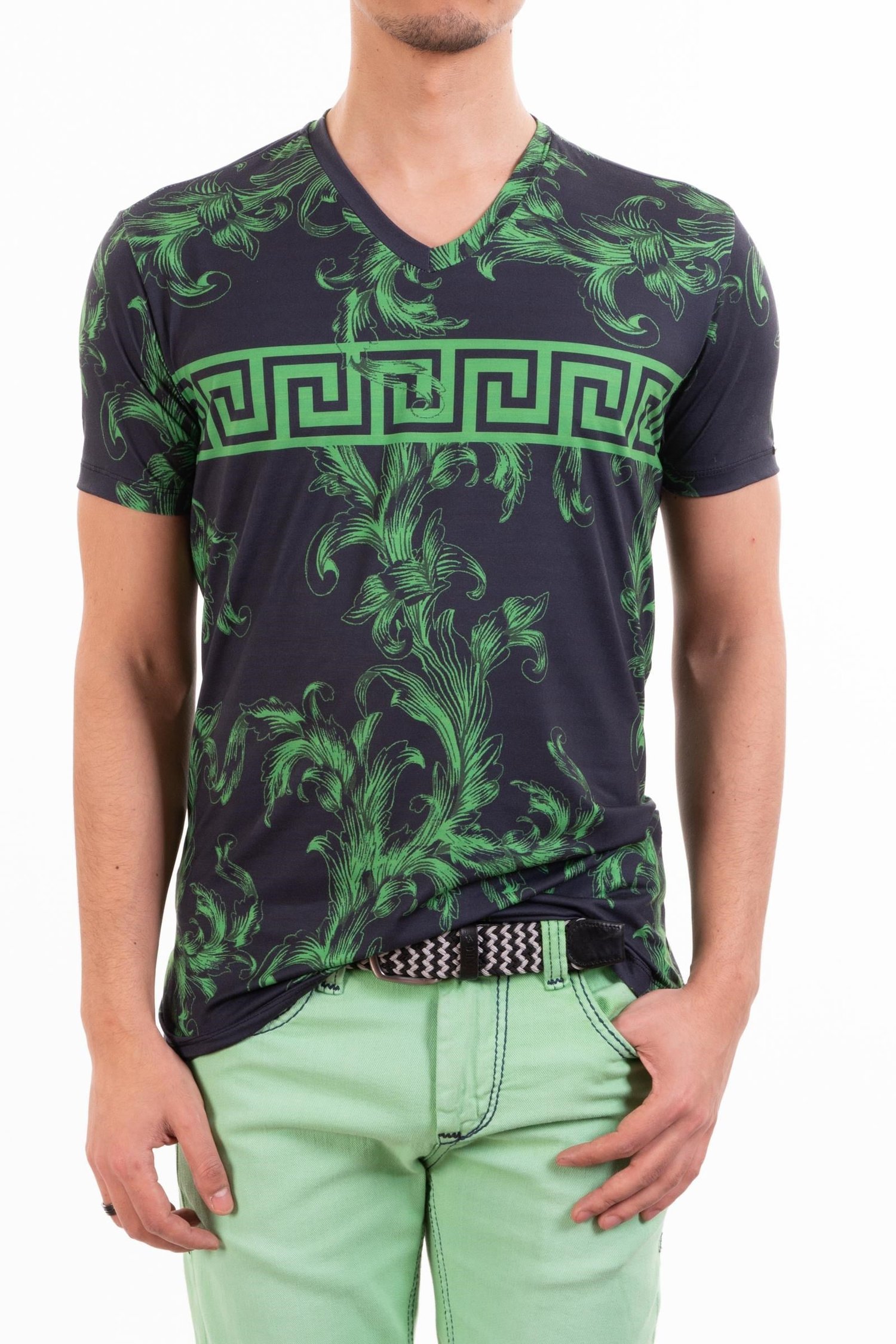 Yeşil Barok Su Desenli V Yaka T-Shirt