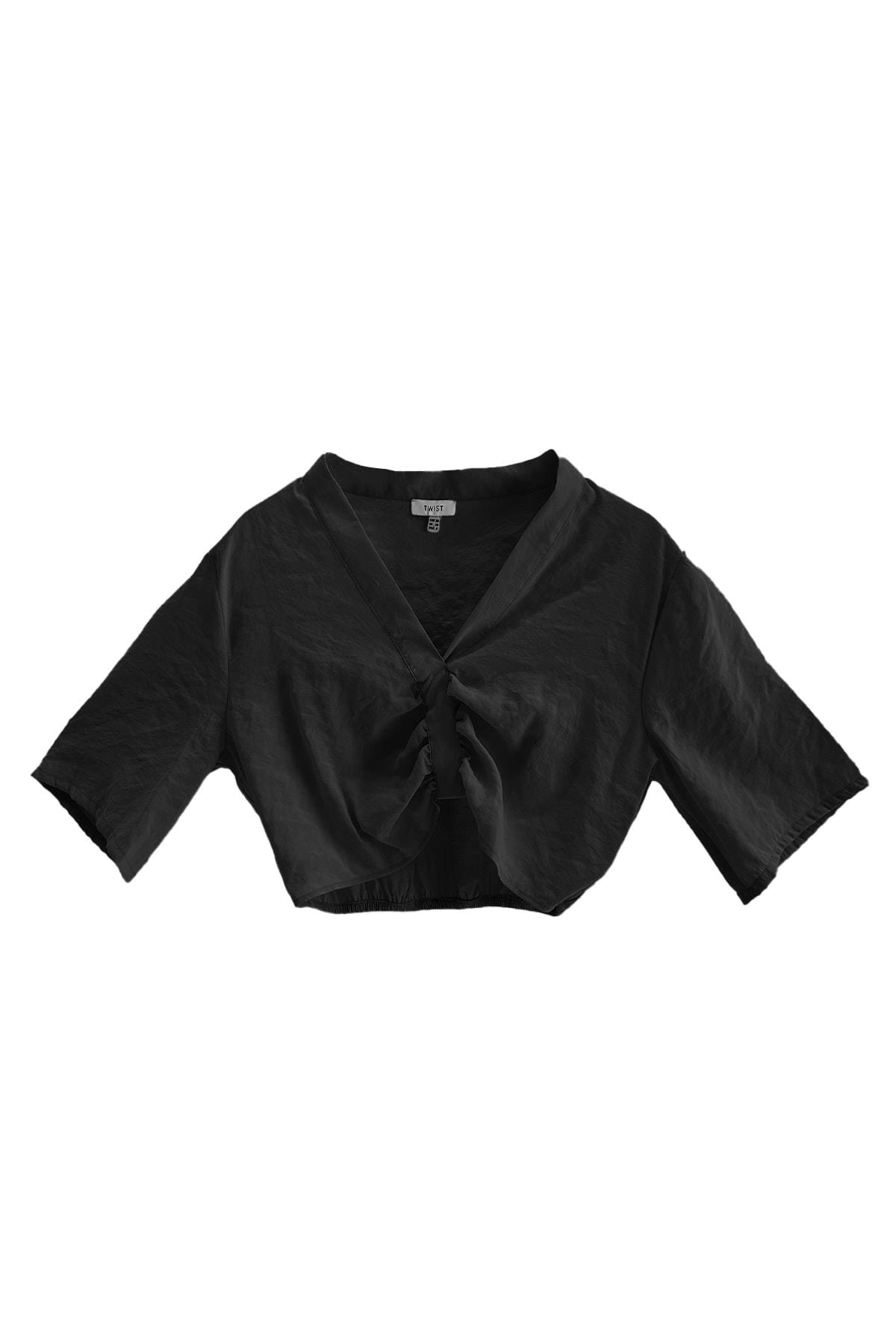 TWIST Siyah Büzgülü Crop Bluz