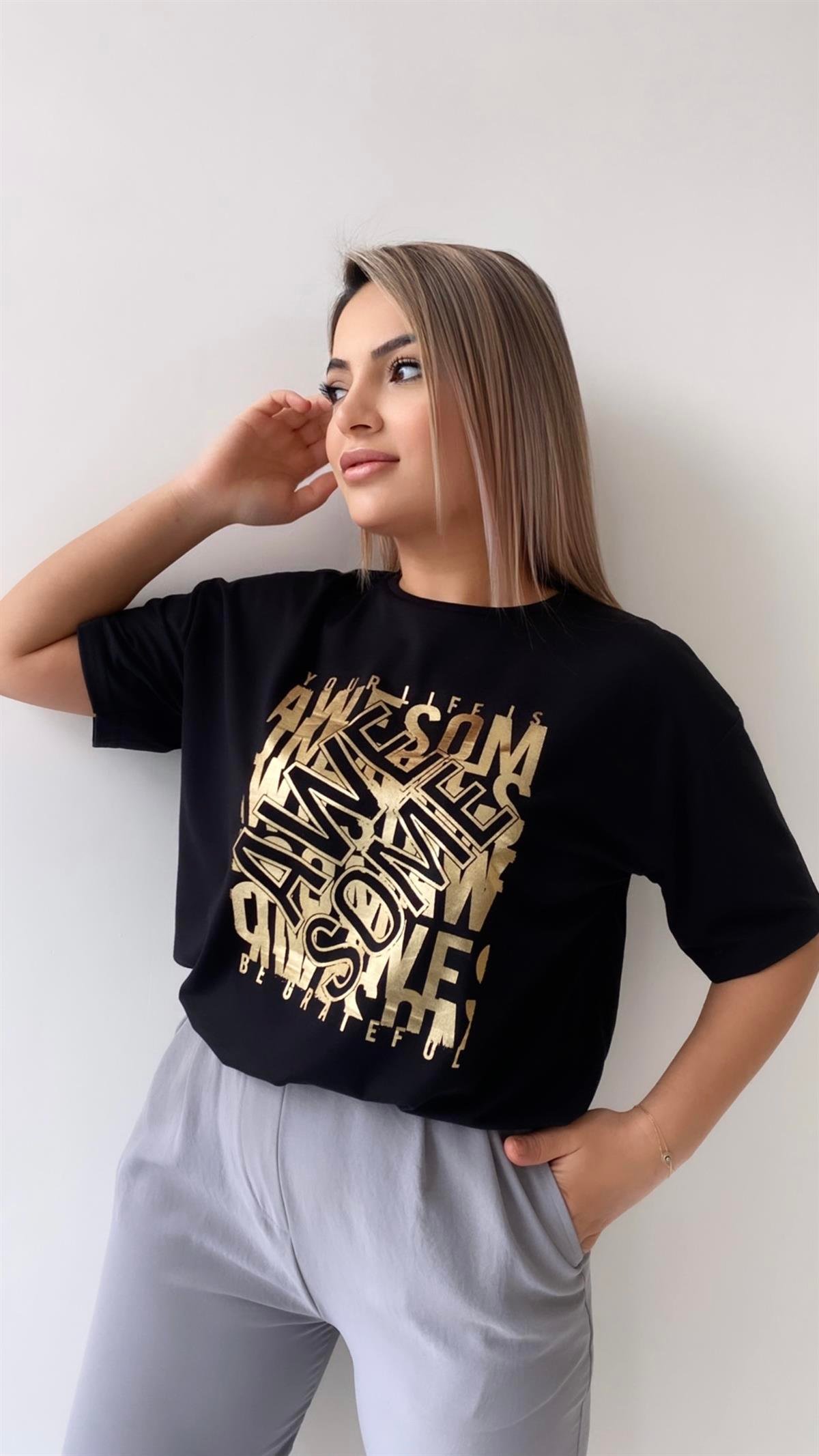 Awe Some Varak Baskılı Tişört Siyah