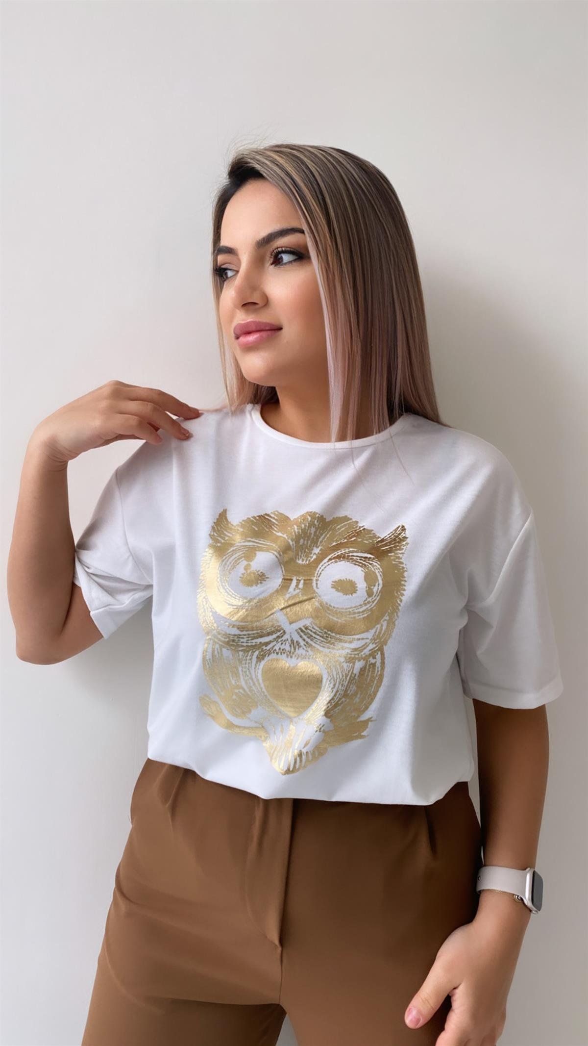 Baykuş Varak Baskılı Tişört Ekru