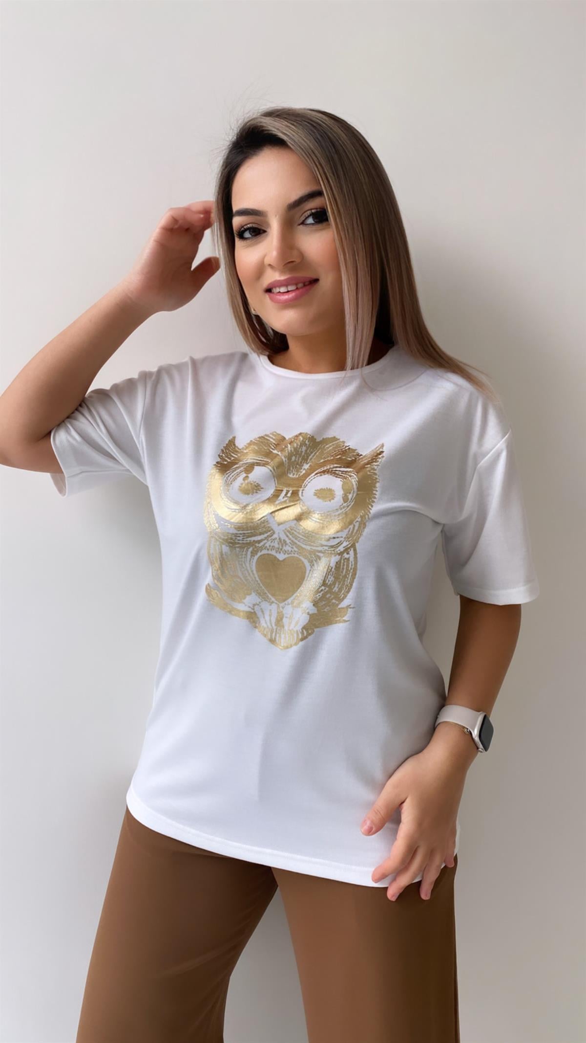 Baykuş Varak Baskılı Tişört Ekru