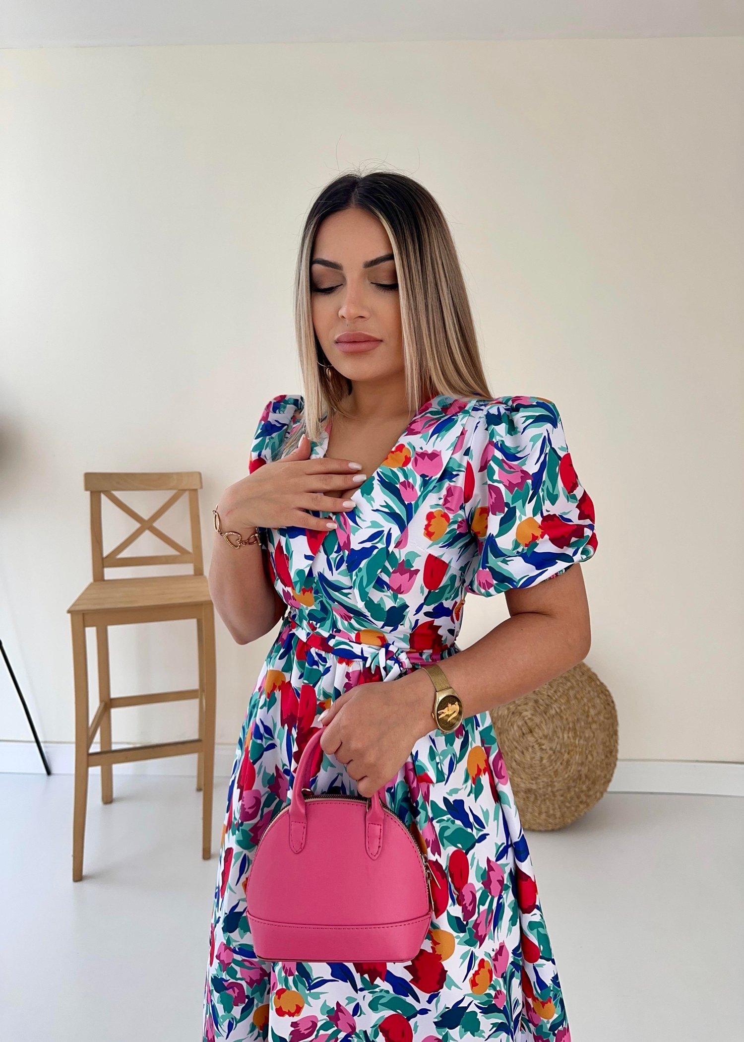 Bebe Yaka Midi Çiçekli Poplin Elbise Ekru