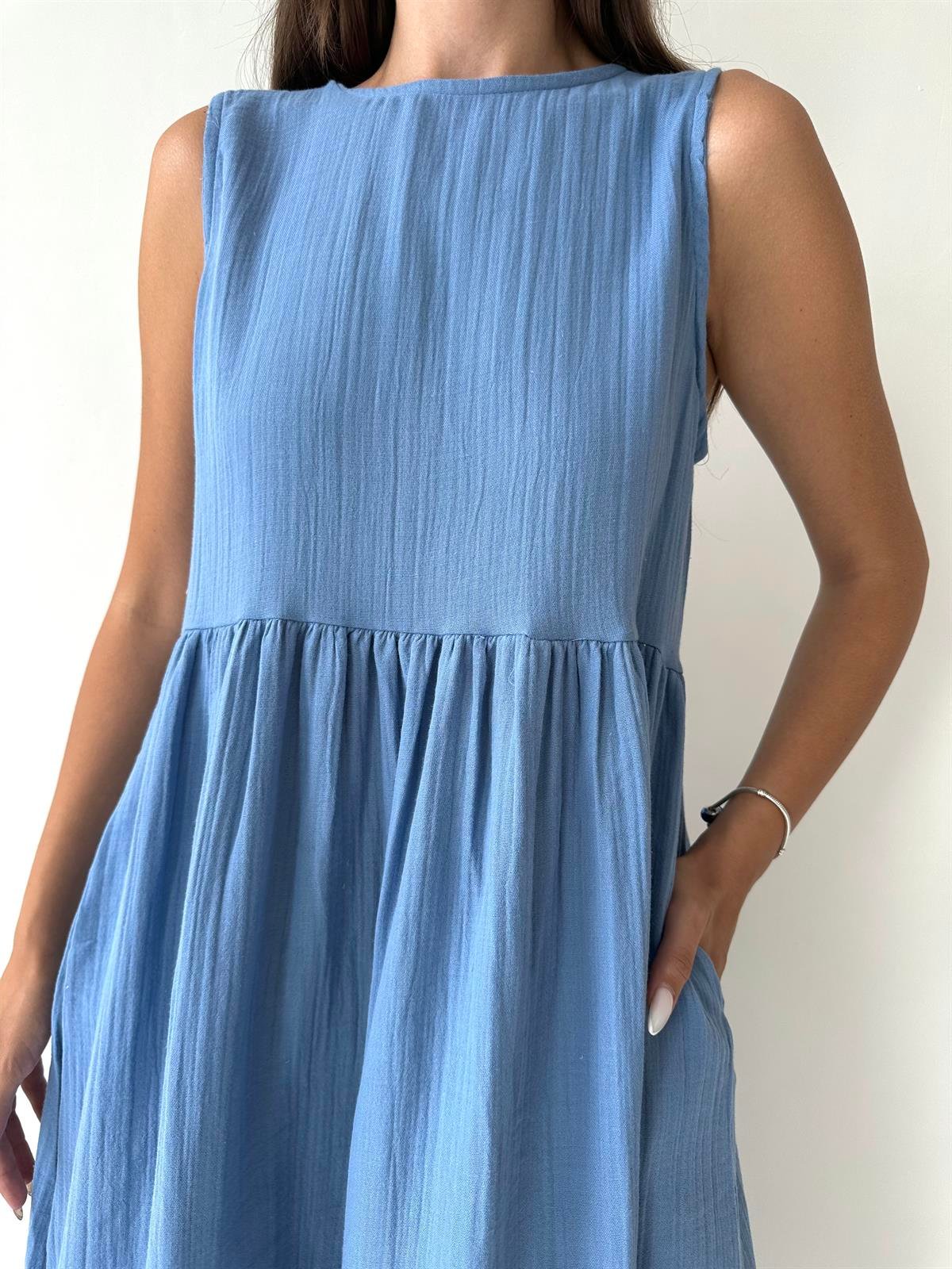 Cepli Müslin Maxi Elbise Mavi