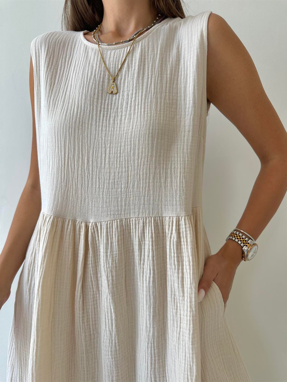 Cepli Müslin Maxi Elbise Taş