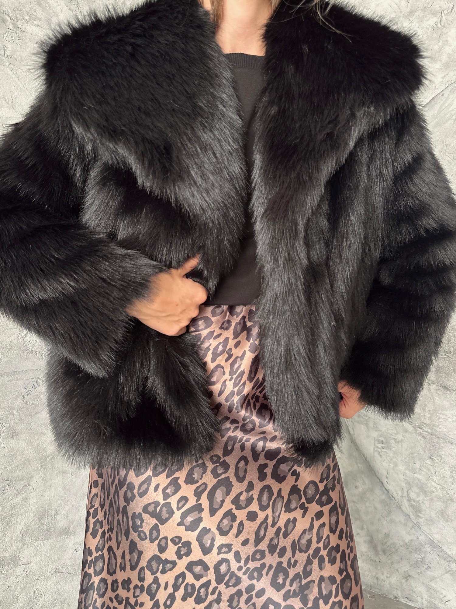 Geniş Yaka Premium Kürk Kaban Siyah