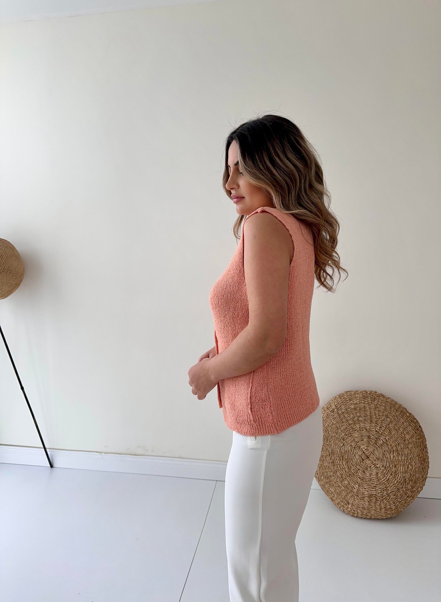 Gold Düğmeli Triko Yelek Somon