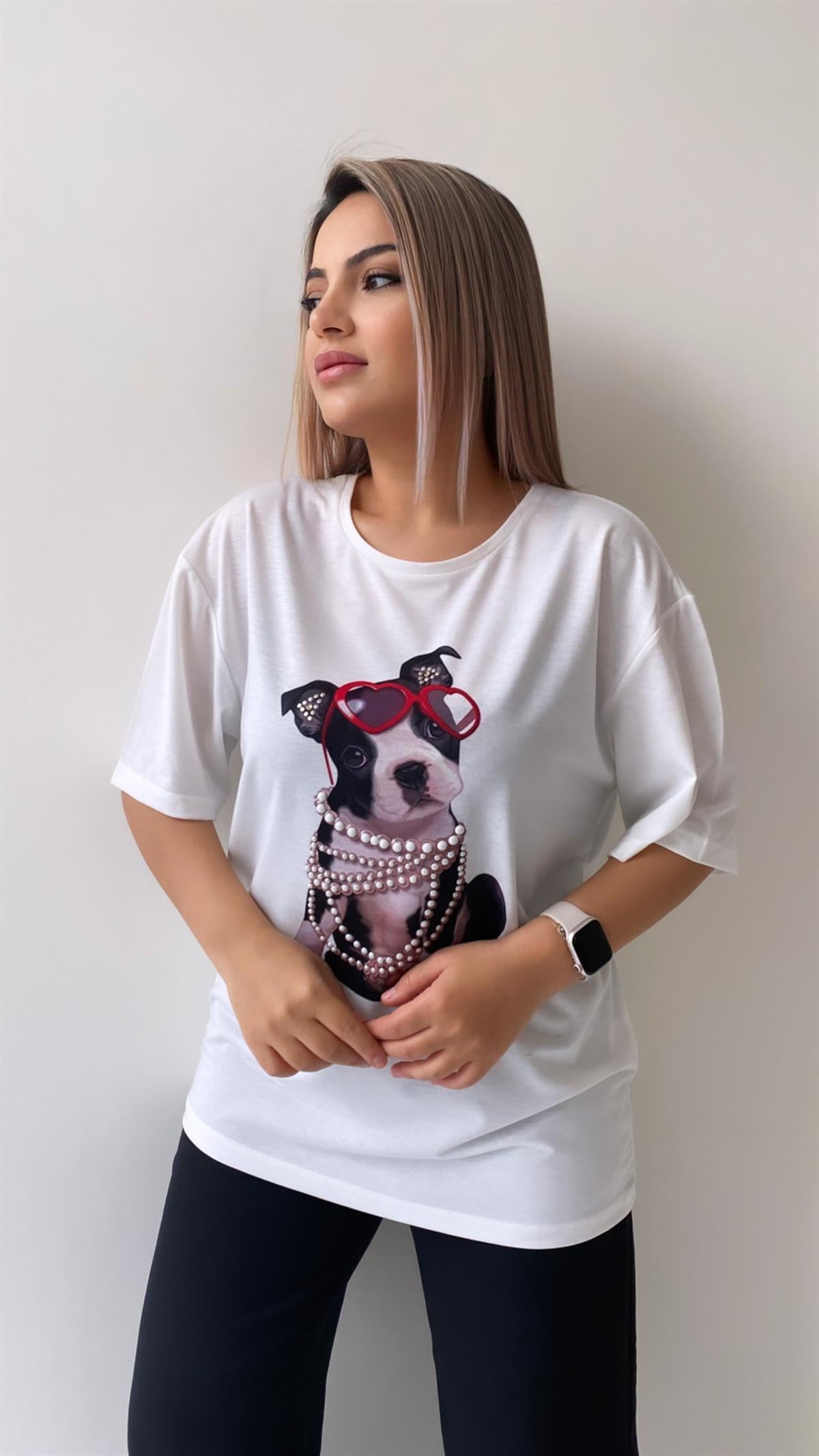 Gözlüklü İncili Köpek Baskılı Tişört Ekru