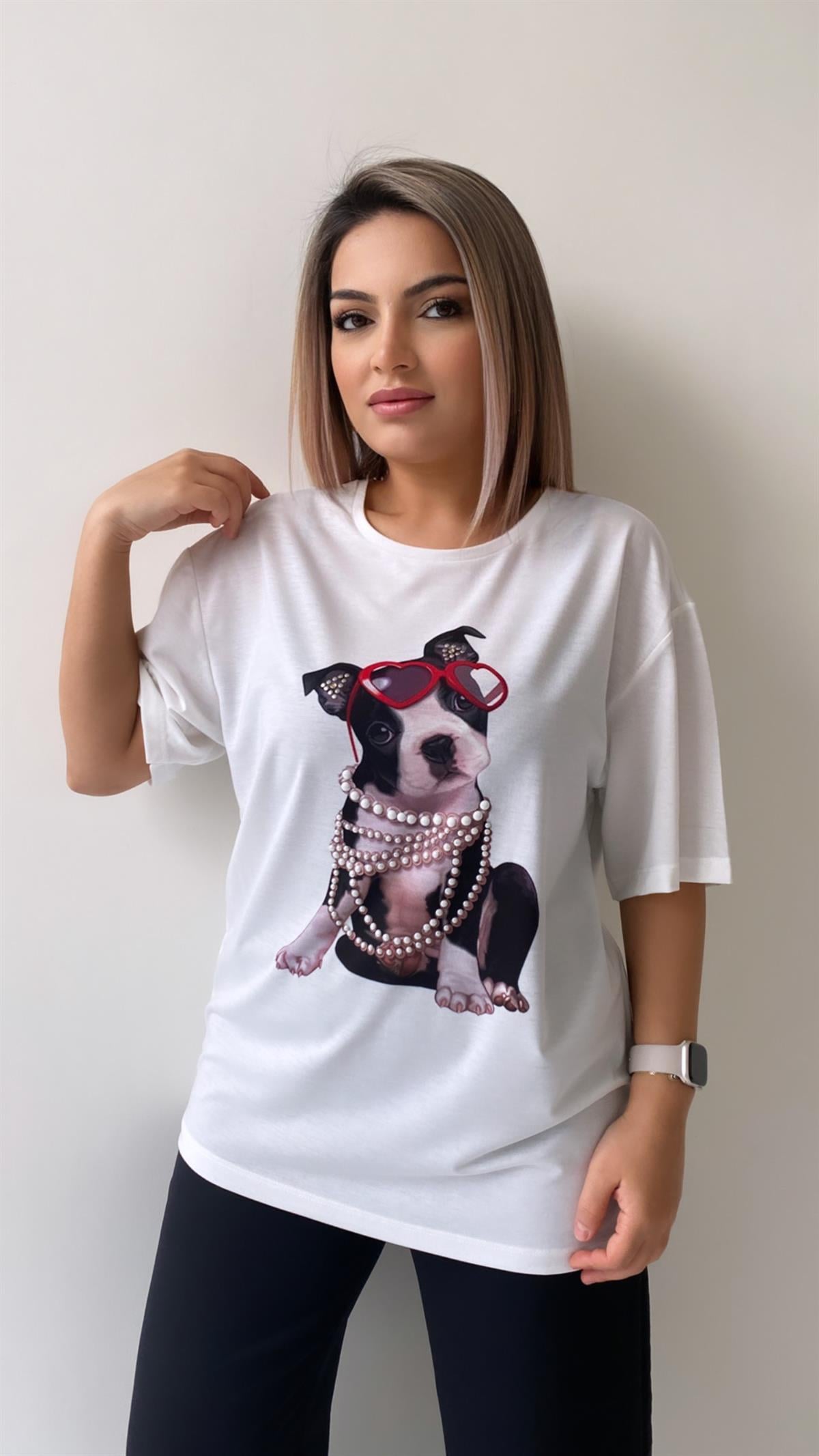 Gözlüklü İncili Köpek Baskılı Tişört Ekru