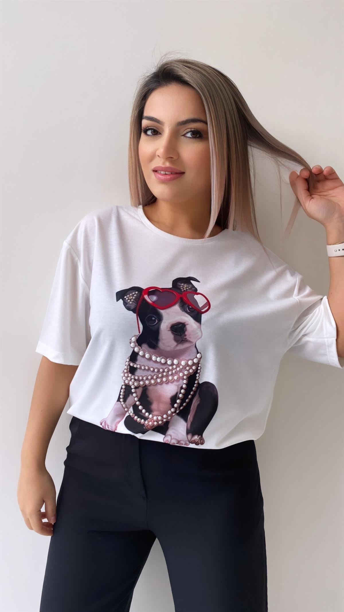 Gözlüklü İncili Köpek Baskılı Tişört Ekru