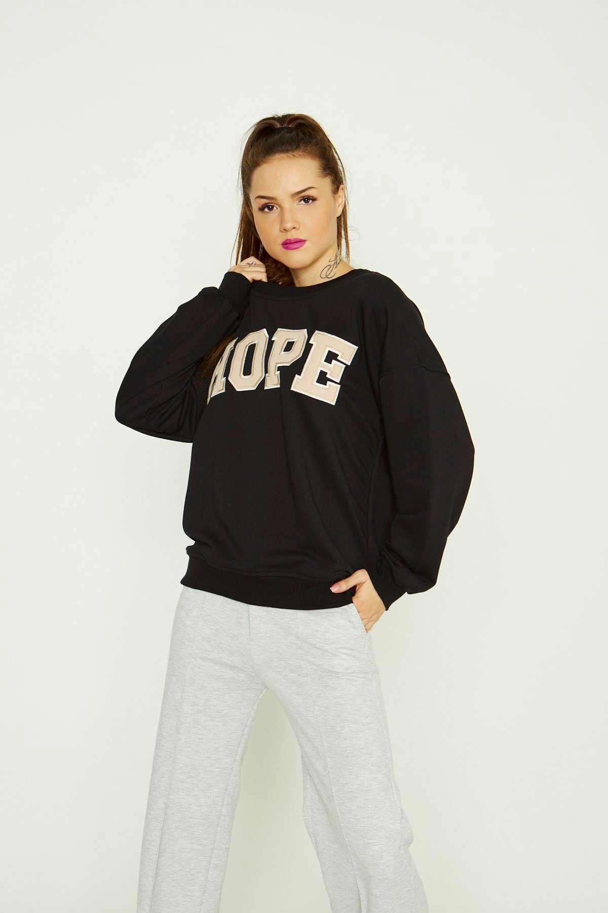 Hope Yazılı Sweatshirt Siyah