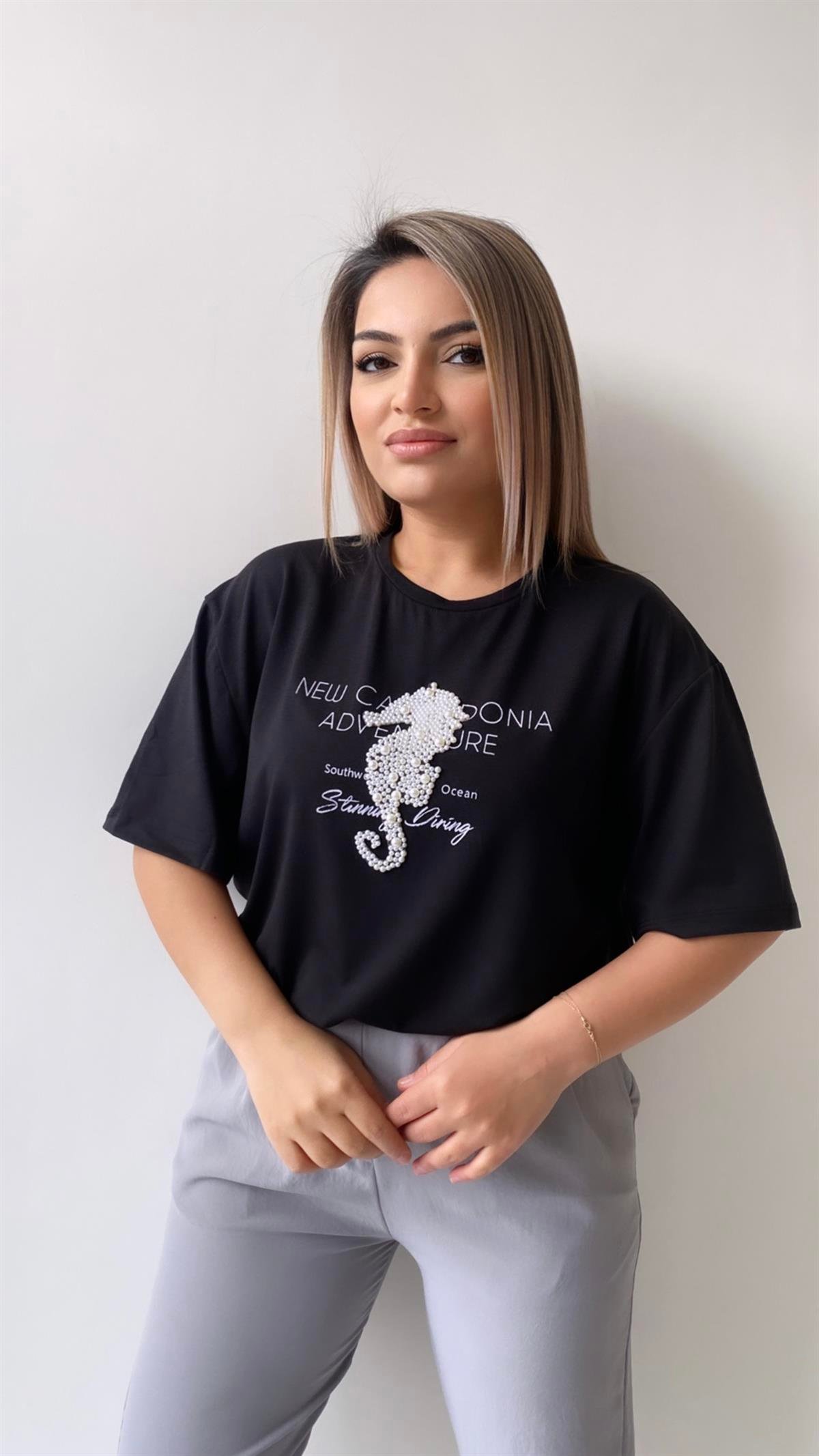 İnci İşlemeli Adven Ture Tişört Siyah