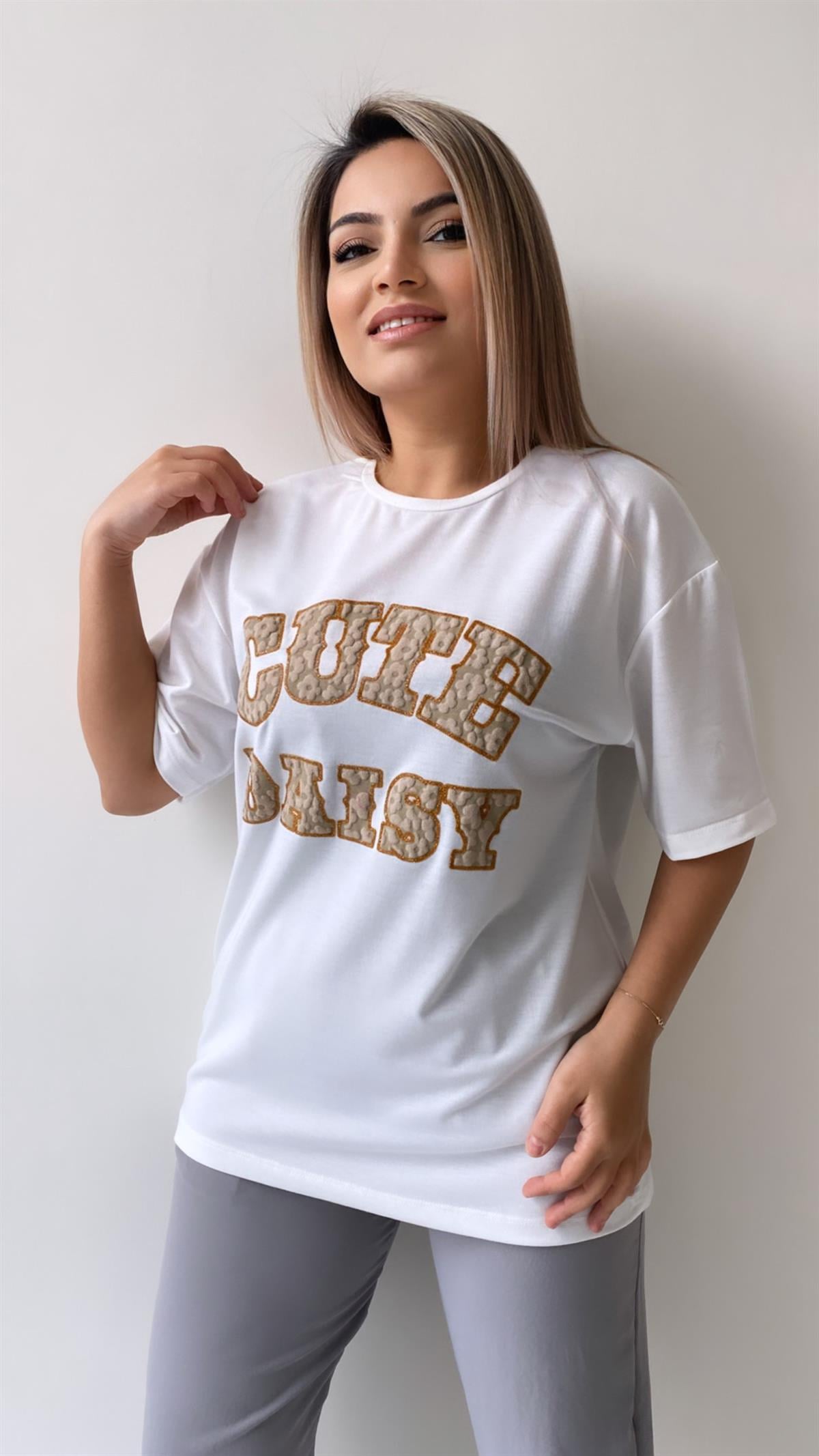 Kabartmalı Cute Daisy Tişört Ekru Bej