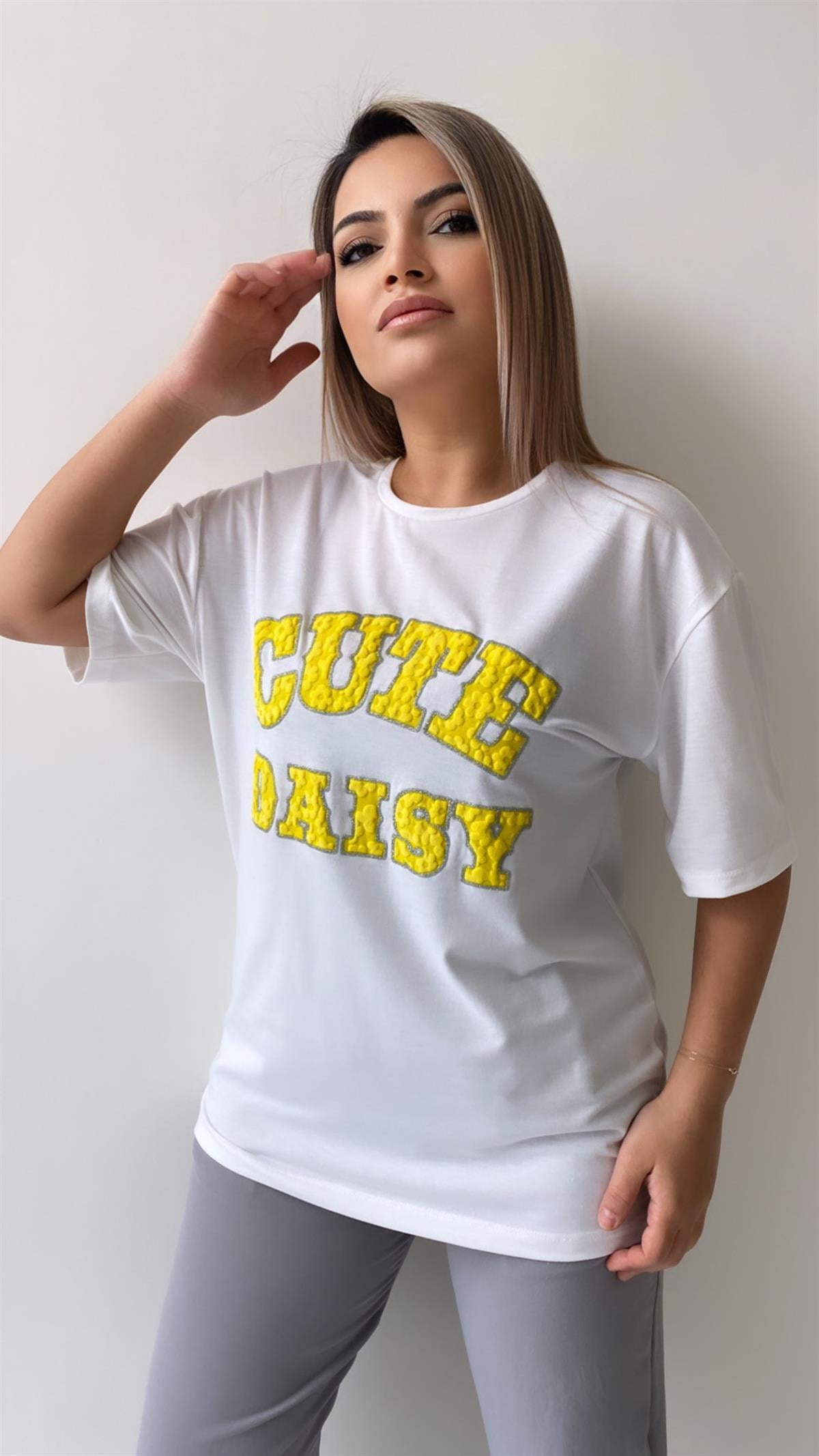 Kabartmalı Cute Daisy Tişört Ekru Sarı