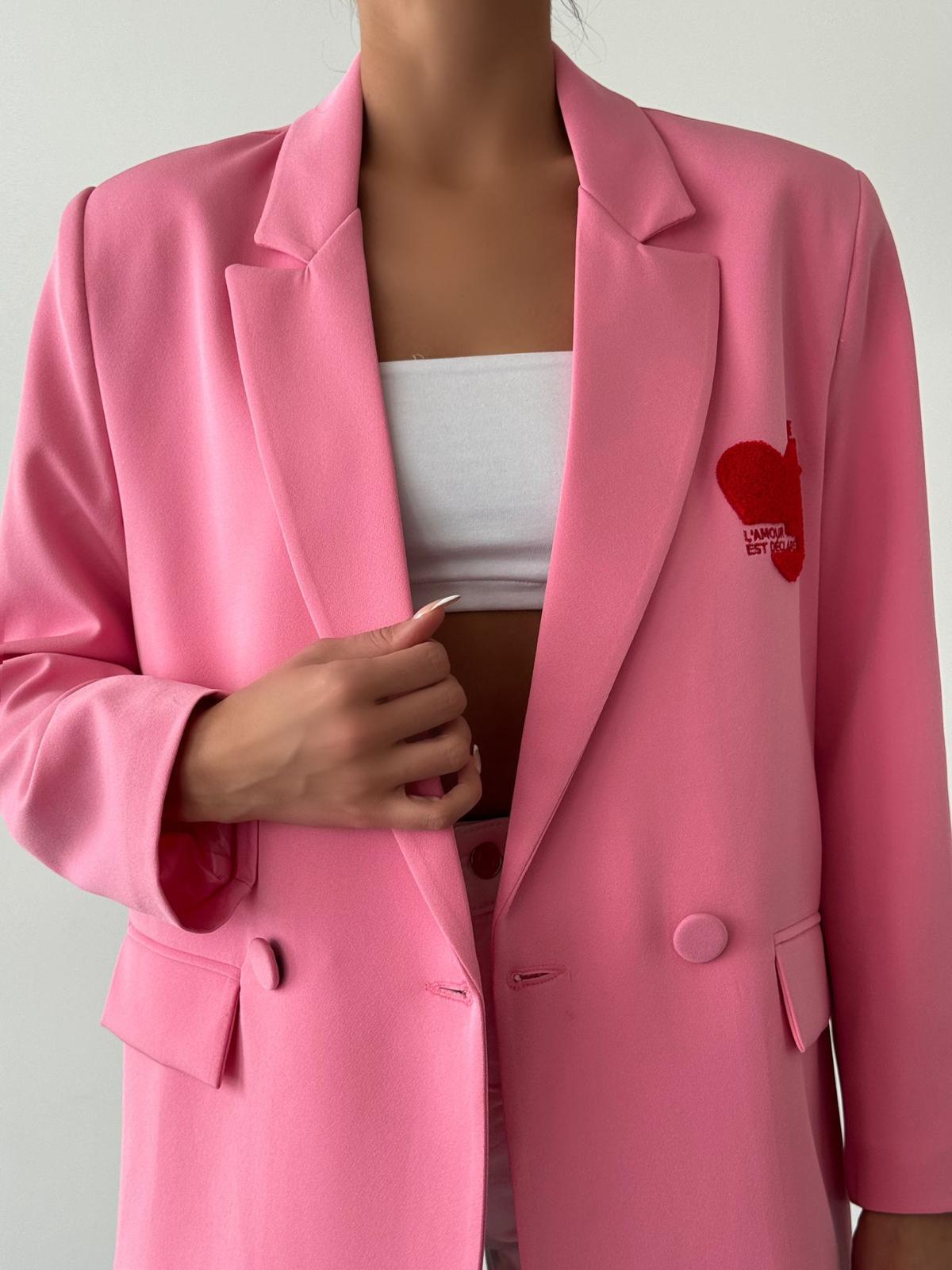 Kalp Nakışlı Ceket Pembe