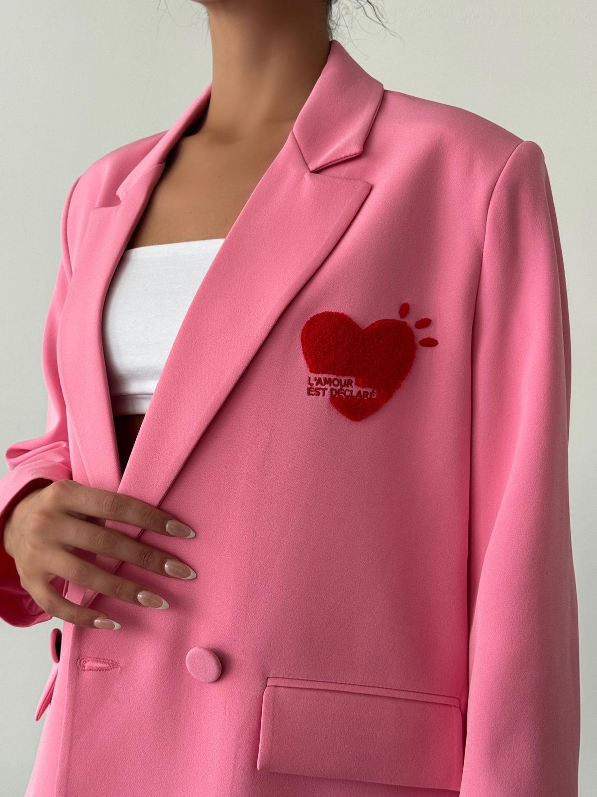 Kalp Nakışlı Ceket Pembe