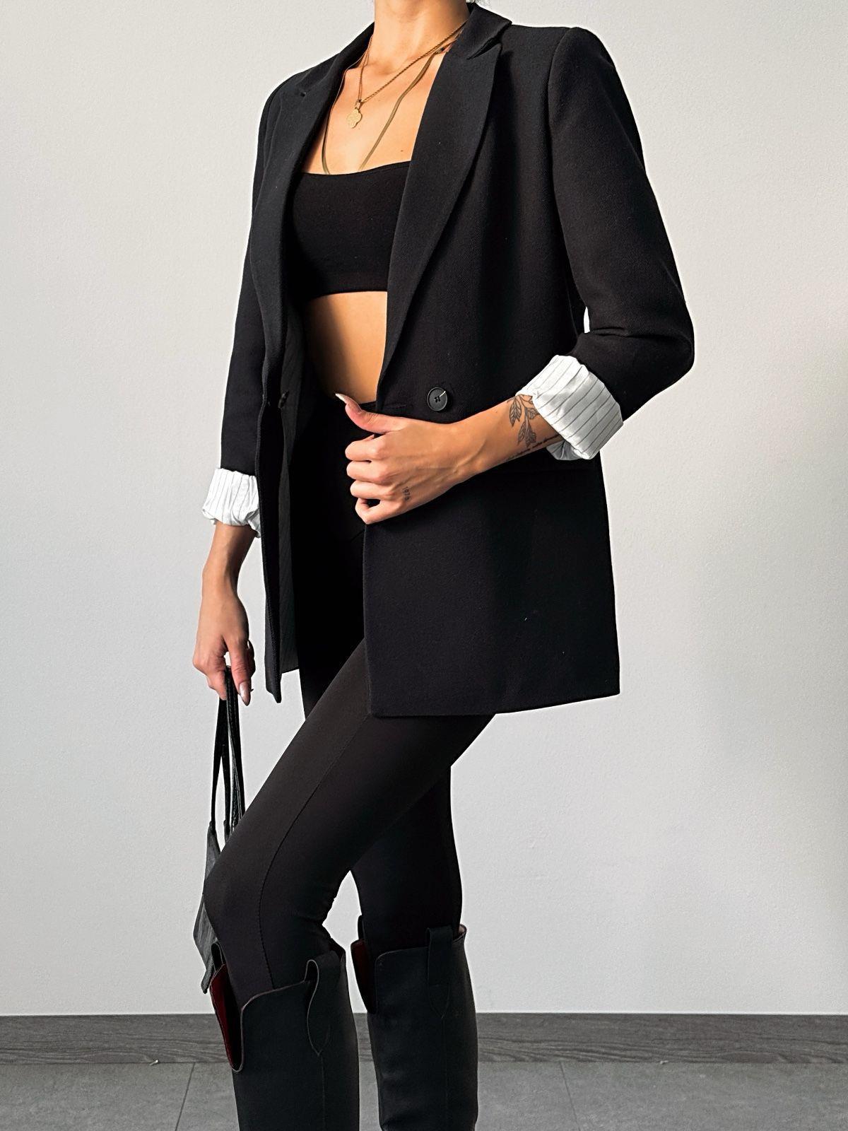Keten Çift Düğme Çizgi Astarlı Oversize Ceket Siyah