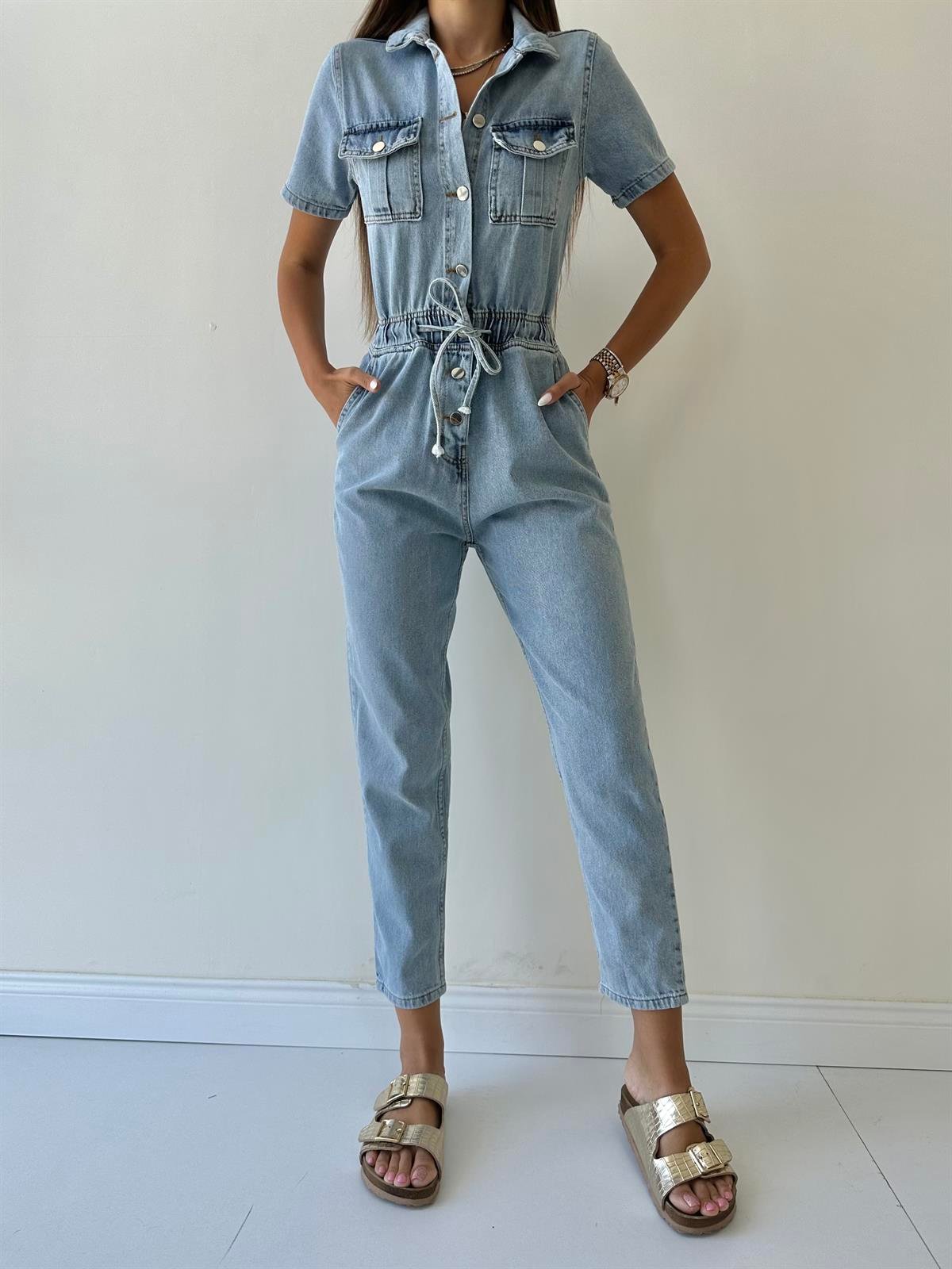 Kısa Kol Kot Tulum Mavi