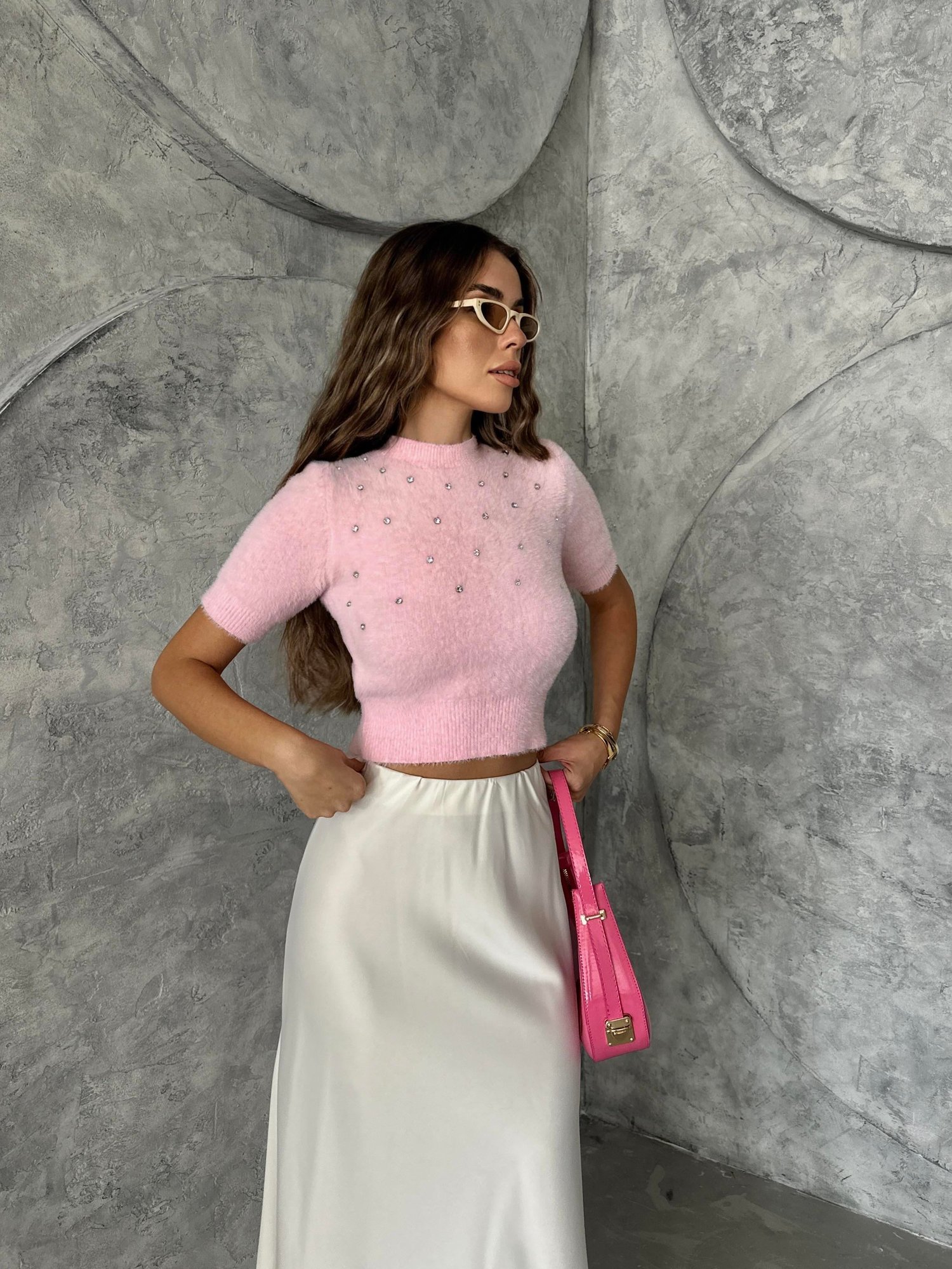 Kısa Kol Taş İşlemeli Yumoş Kazak Pembe