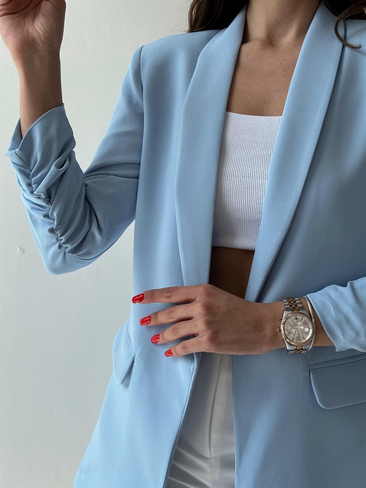 Kolu Büzgülü Blazer Ceket Bebe Mavi
