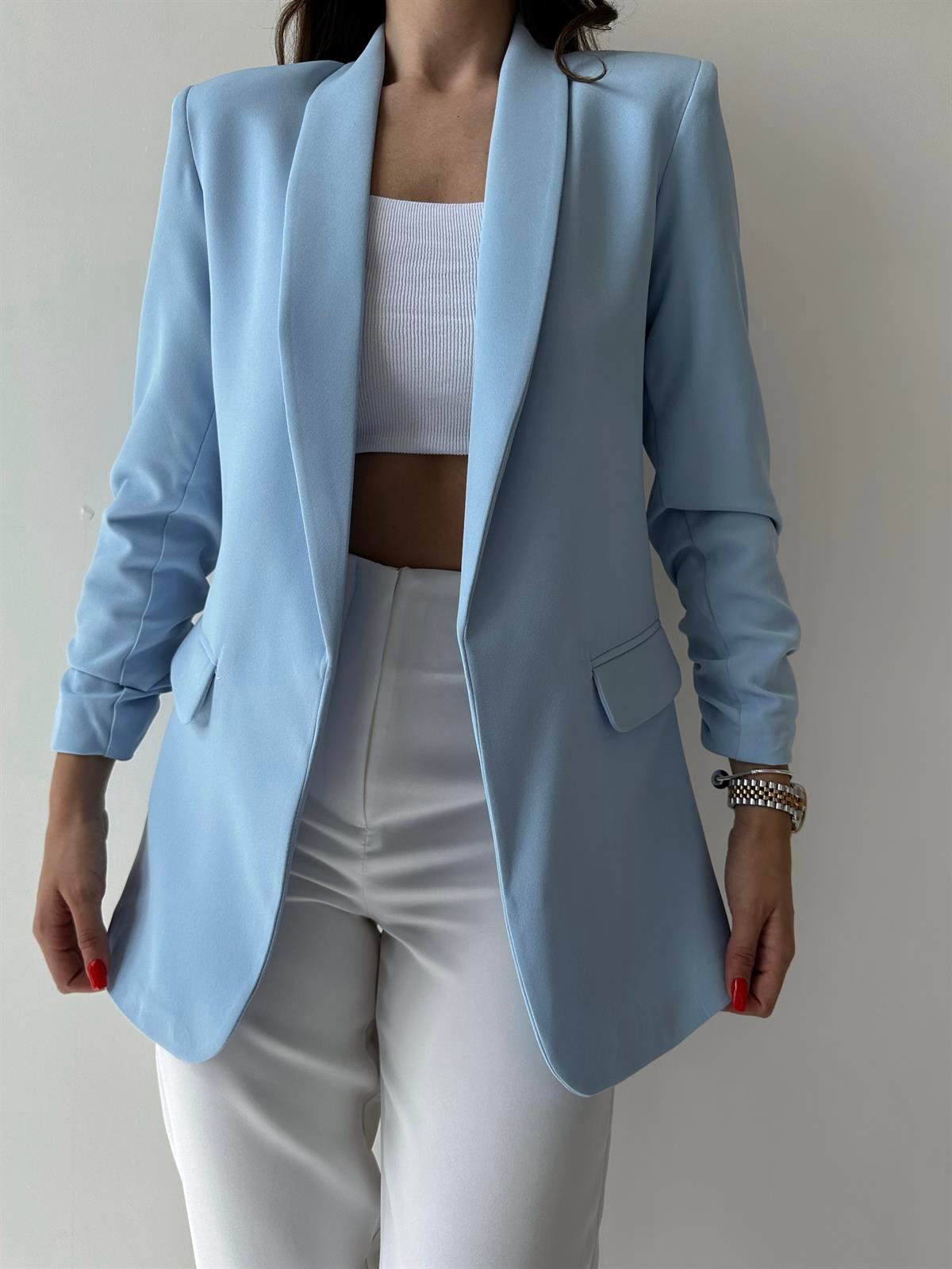 Kolu Büzgülü Blazer Ceket Bebe Mavi