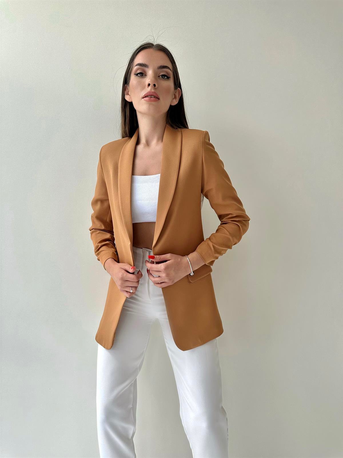 Kolu Büzgülü Blazer Ceket Camel