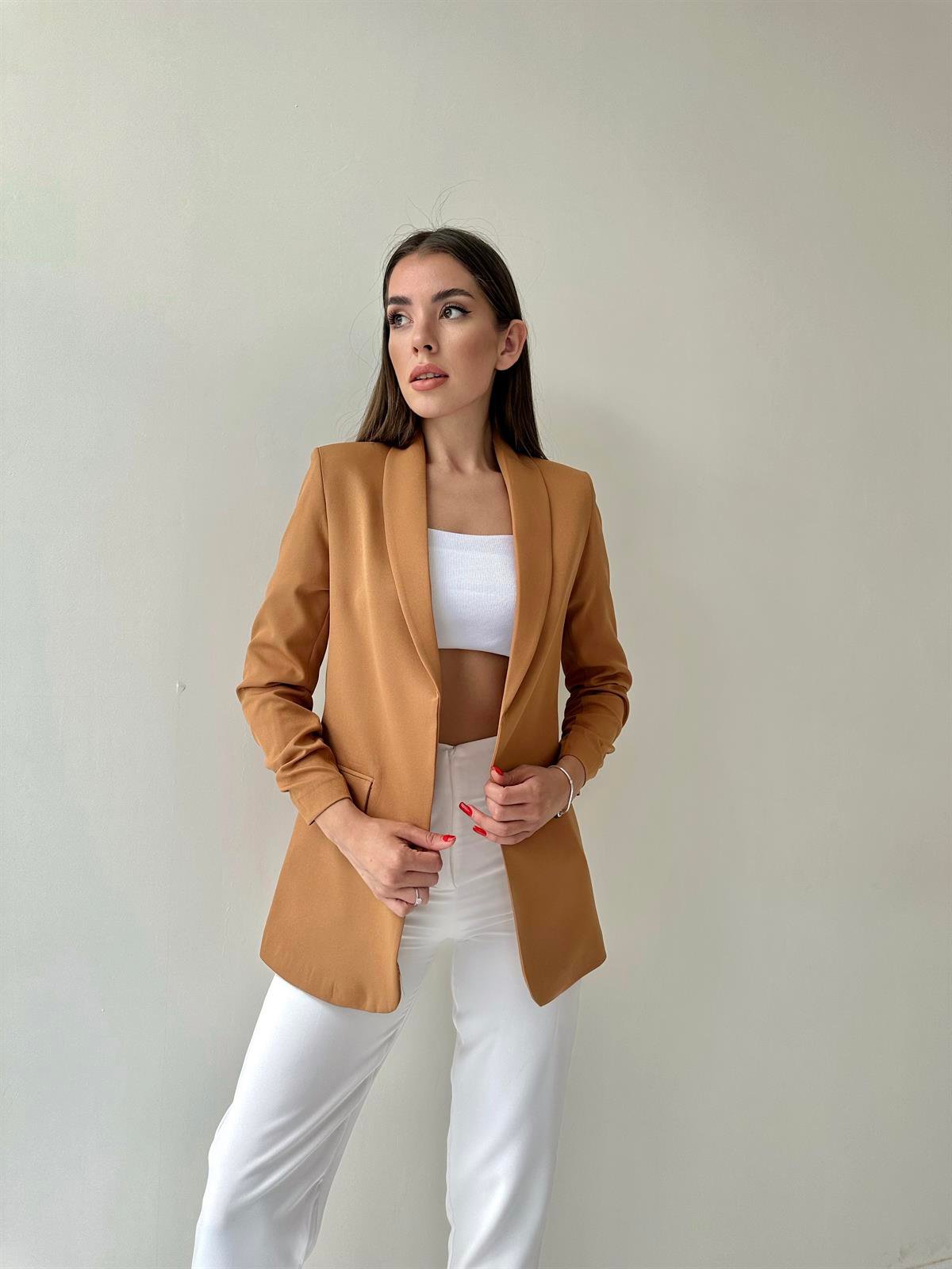 Kolu Büzgülü Blazer Ceket Camel