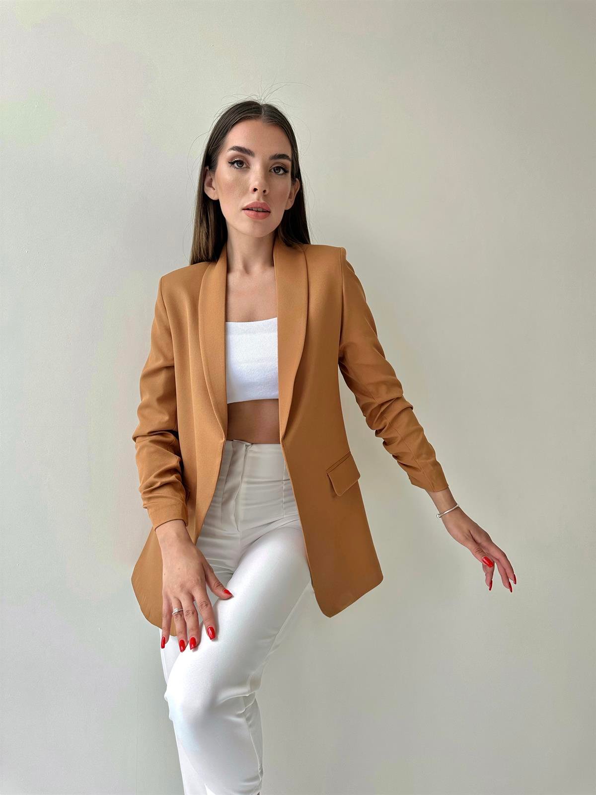 Kolu Büzgülü Blazer Ceket Camel