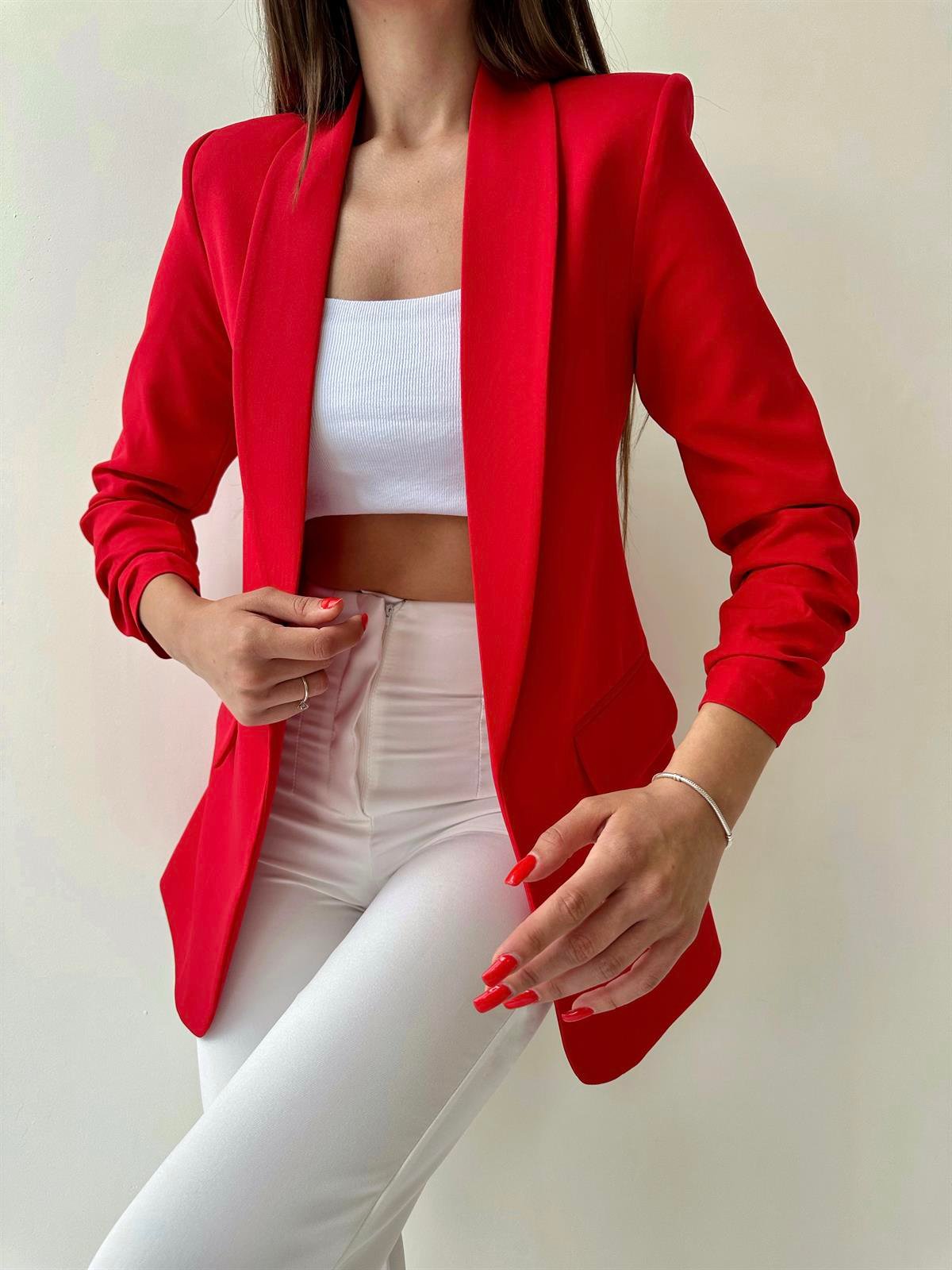 Kolu Büzgülü Blazer Ceket Kırmızı