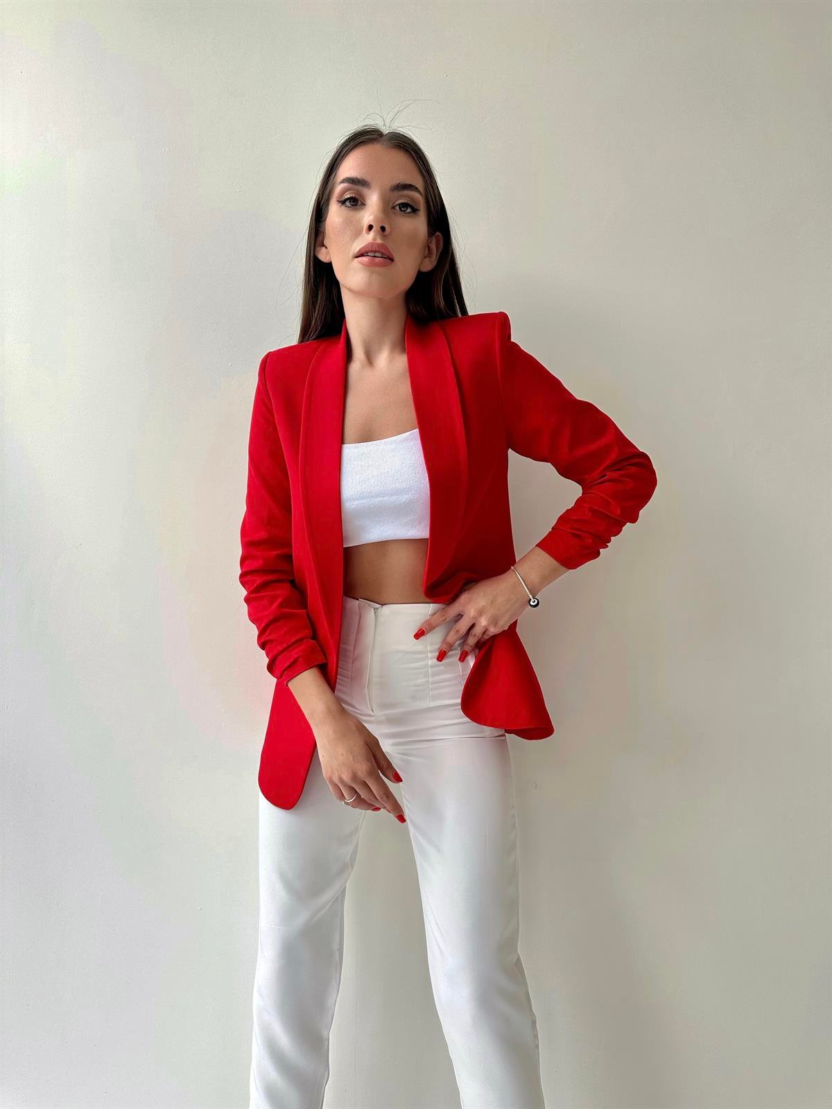 Kolu Büzgülü Blazer Ceket Kırmızı
