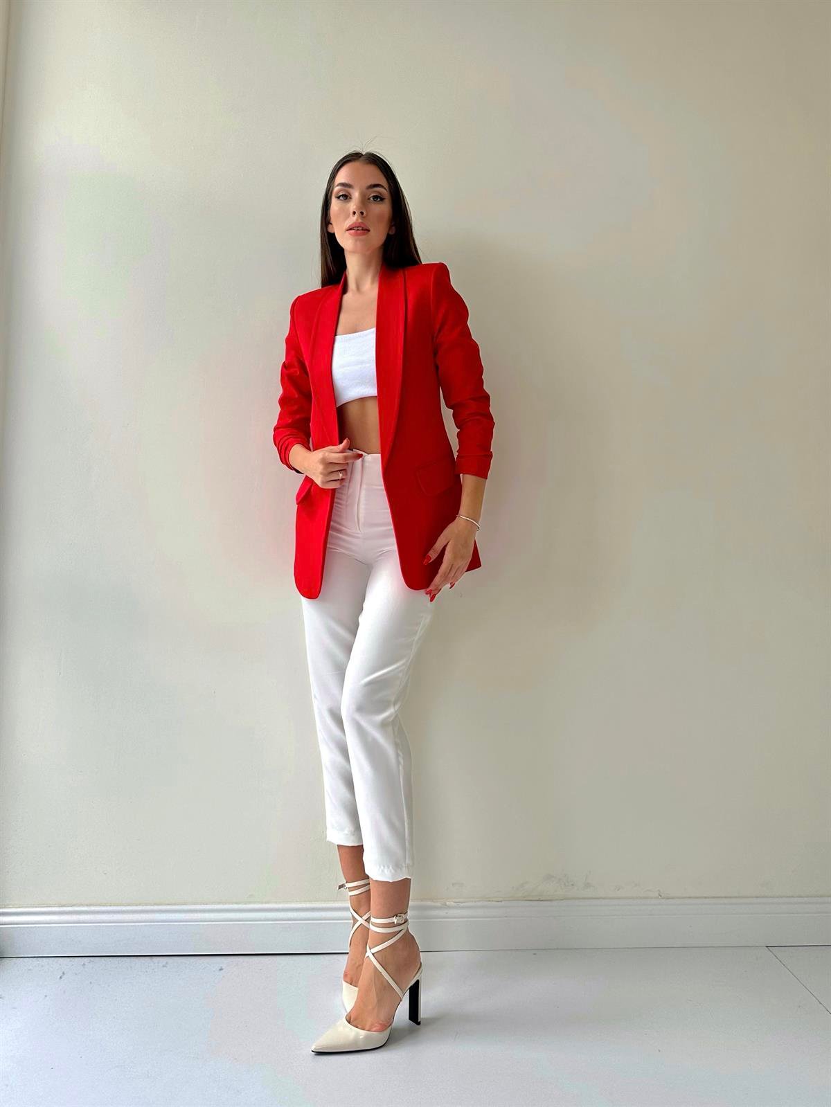 Kolu Büzgülü Blazer Ceket Kırmızı