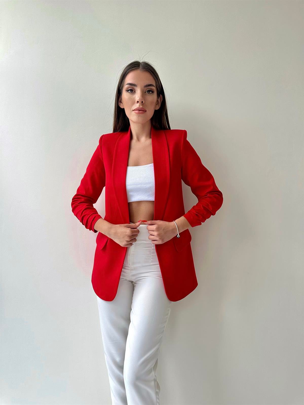 Kolu Büzgülü Blazer Ceket Kırmızı