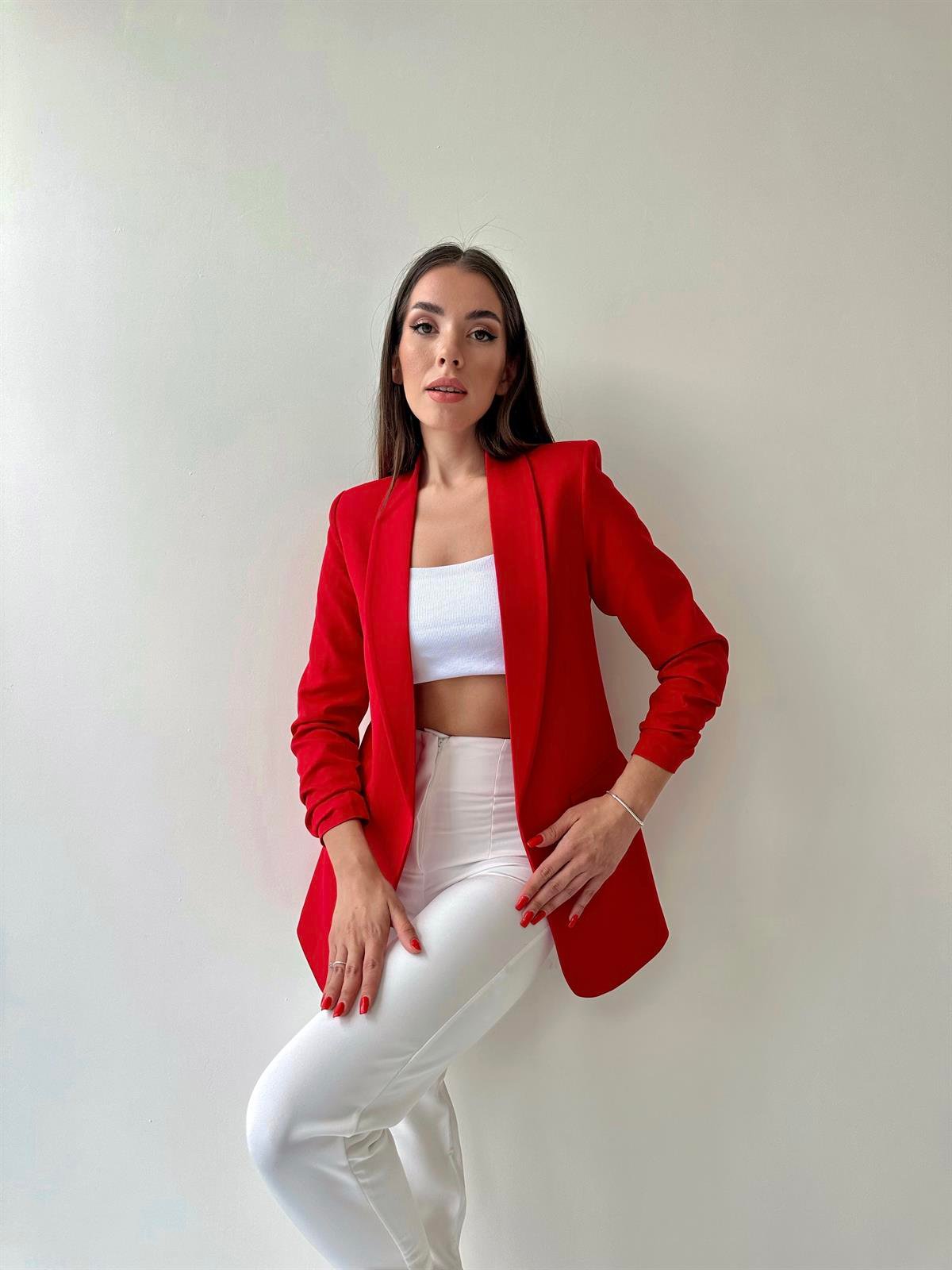 Kolu Büzgülü Blazer Ceket Kırmızı