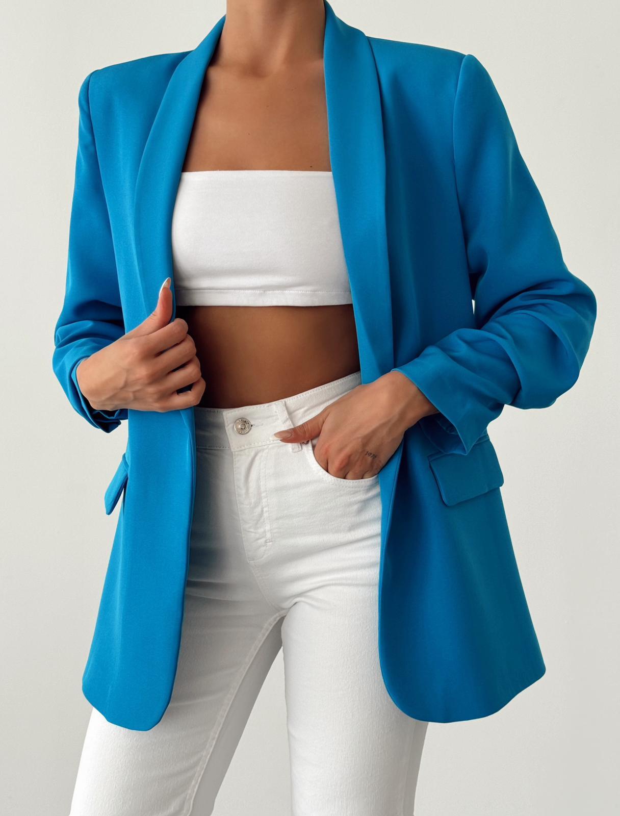 Kolu Büzgülü Blazer Ceket Mavi