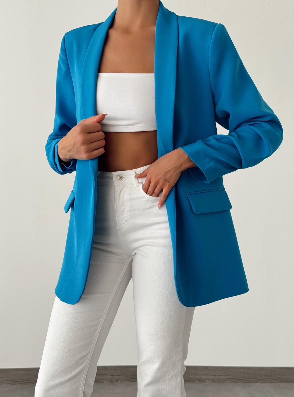 Kolu Büzgülü Blazer Ceket Mavi