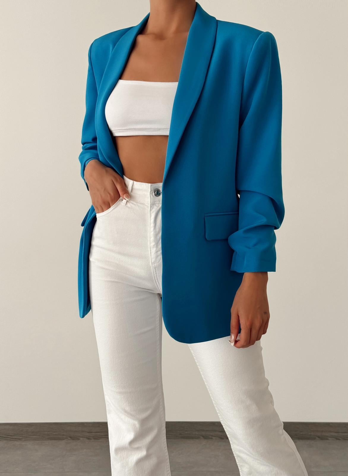 Kolu Büzgülü Blazer Ceket Mavi