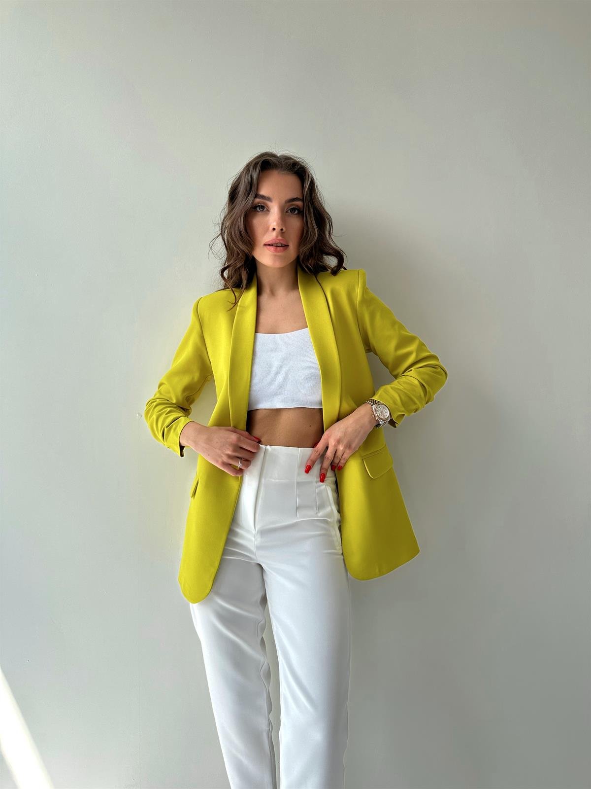 Kolu Büzgülü Blazer Ceket Yağ Yeşili