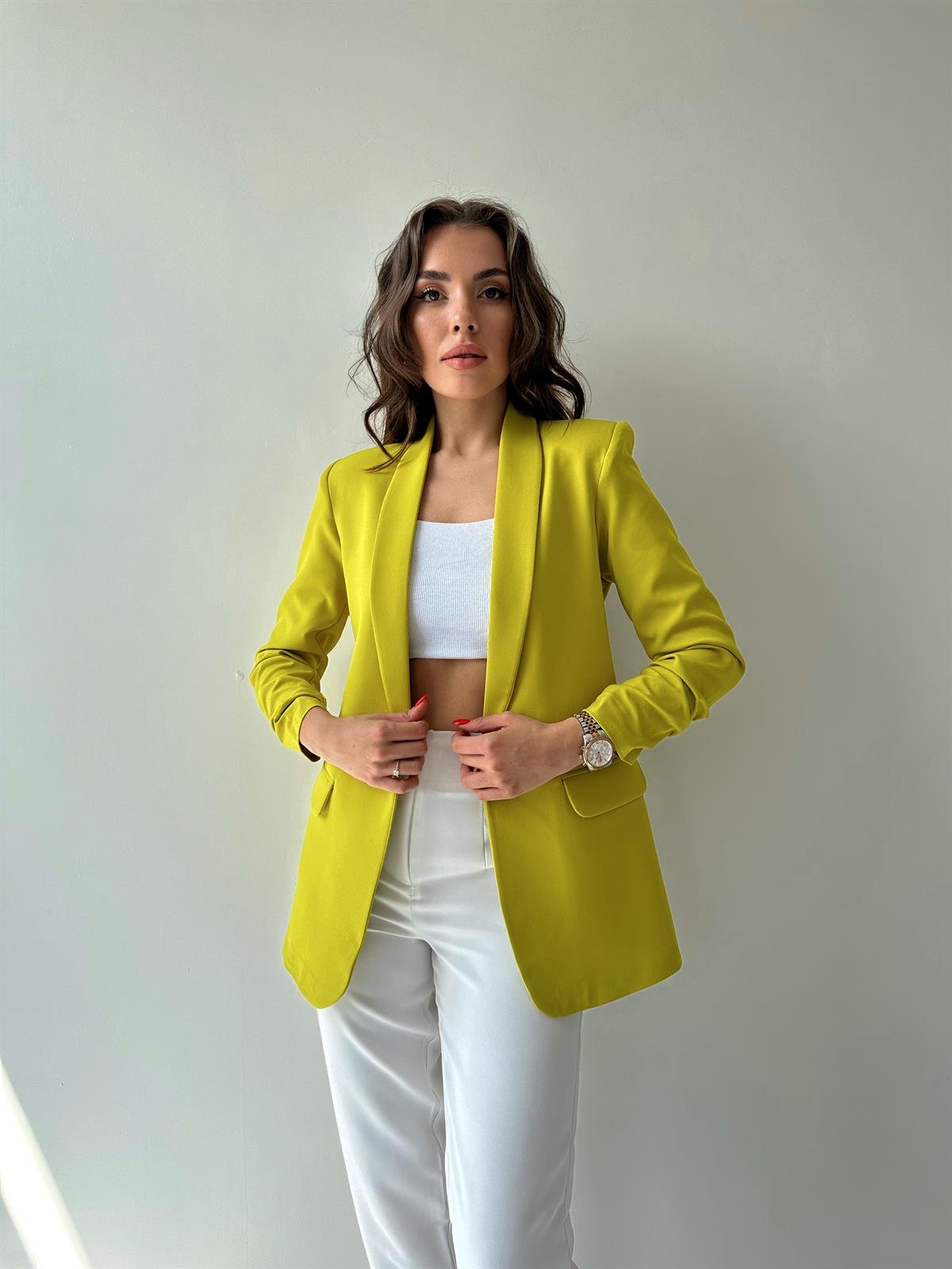Kolu Büzgülü Blazer Ceket Yağ Yeşili