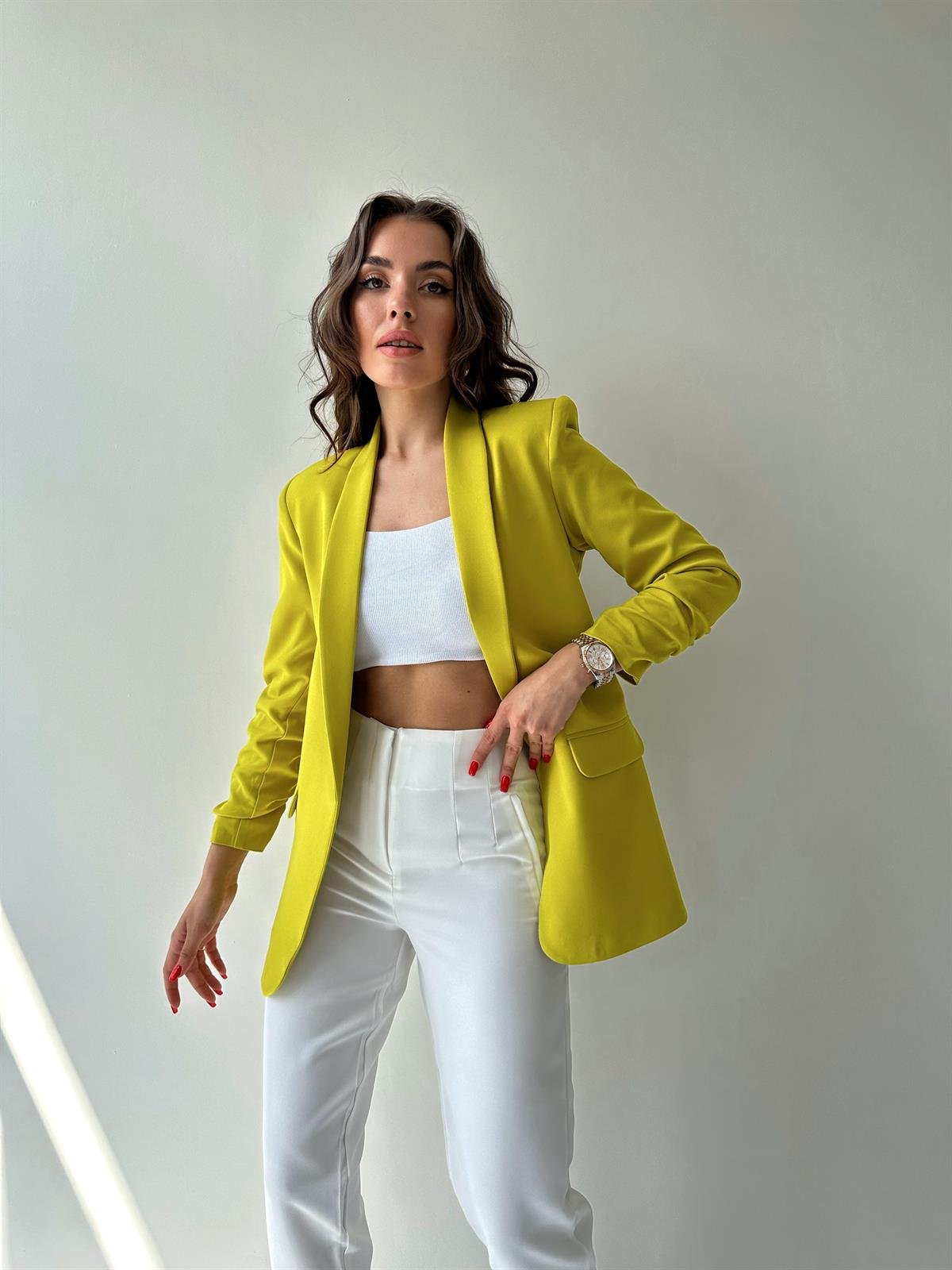 Kolu Büzgülü Blazer Ceket Yağ Yeşili