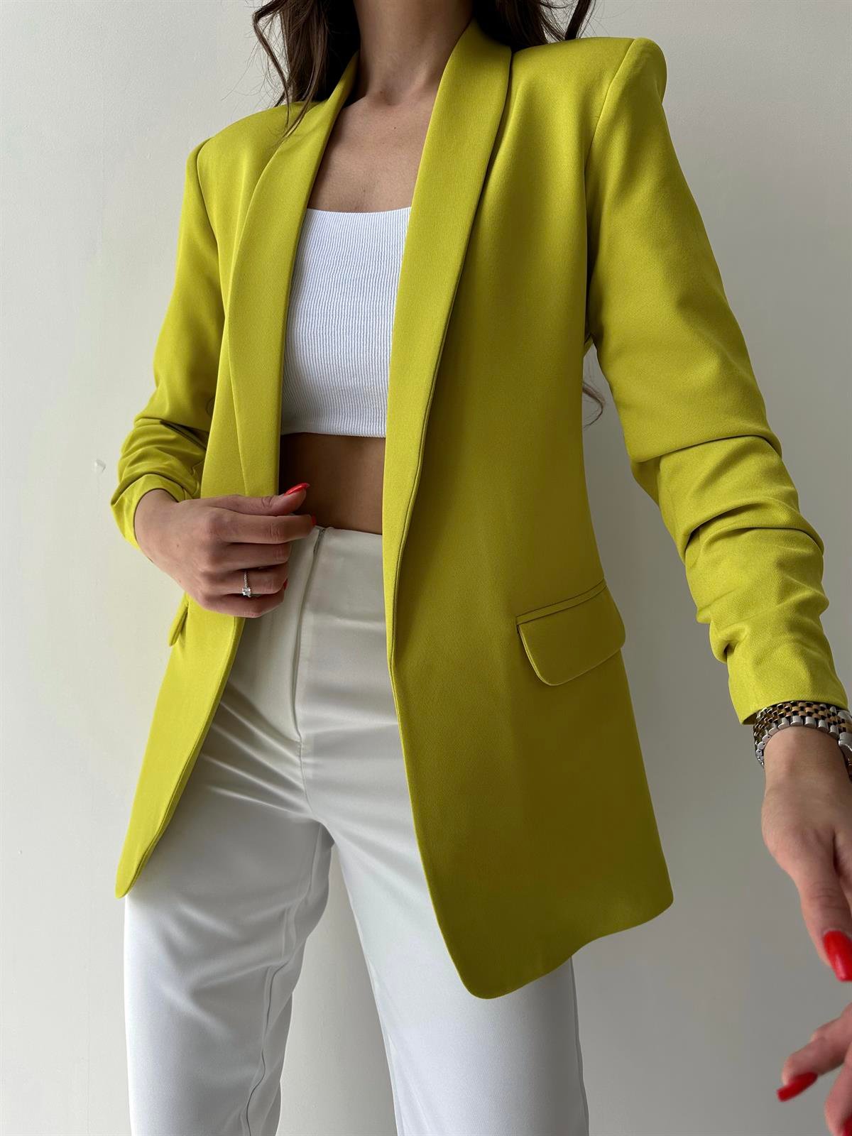 Kolu Büzgülü Blazer Ceket Yağ Yeşili